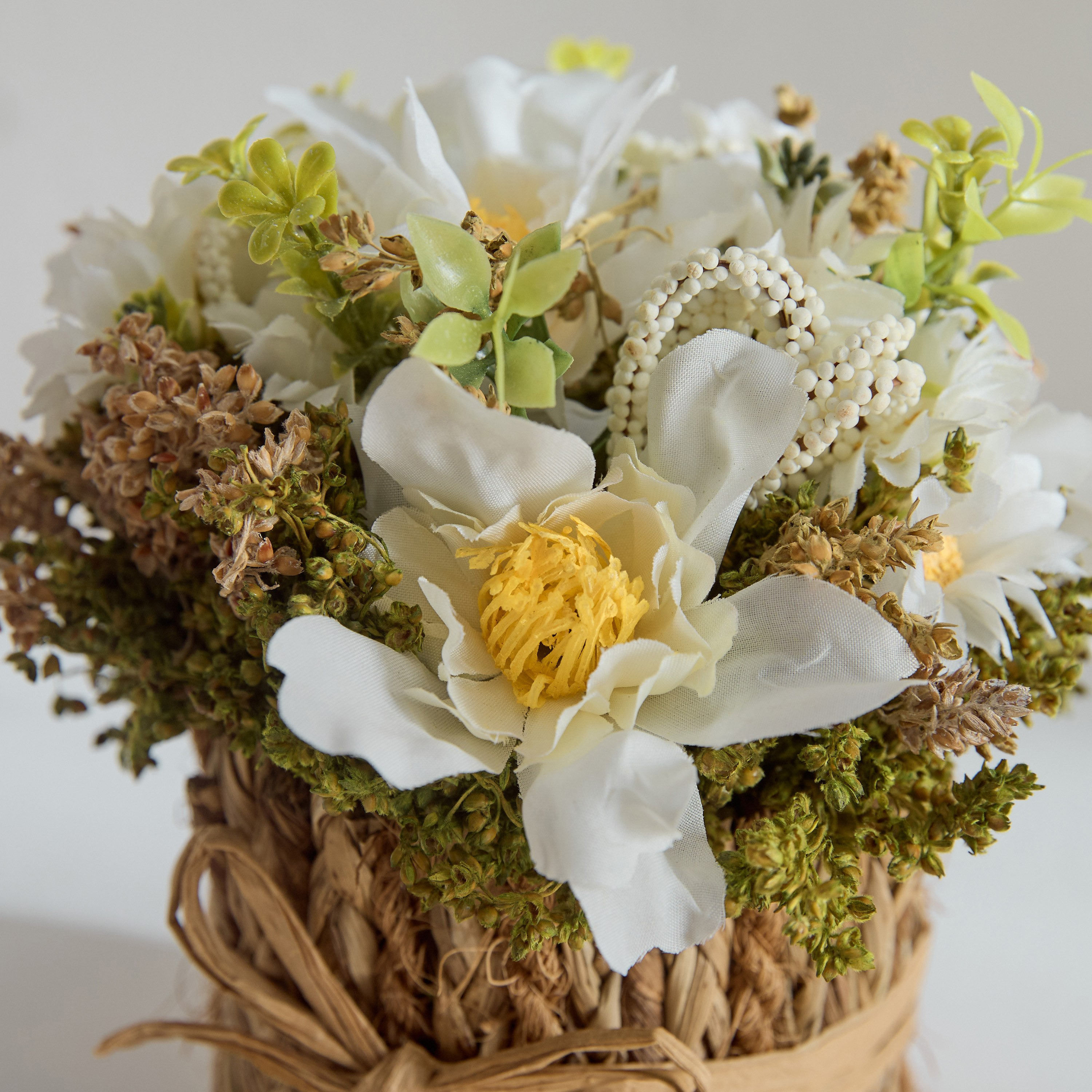 Caven Wild Rose and Daisy Arrangement in Round Woven Basket - 14x14x16 cm-hbxdecorandfurnishings-homeaccessories-artificialflowersandplants-image-3
