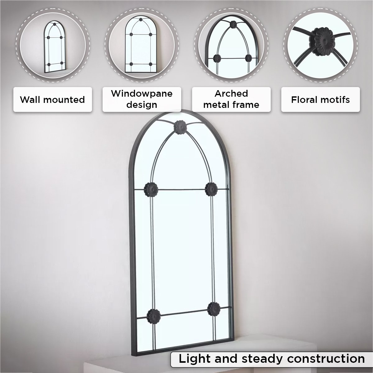 Fresco Metal Frame Windowpane Wall Mirror - 50x90 cm-hbxhomeware-hbxdecorandfurnishings-image-4