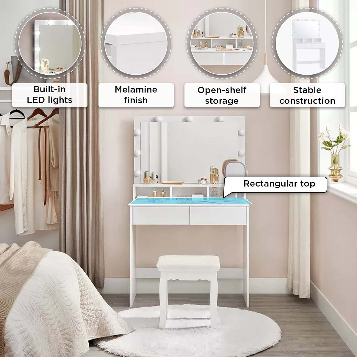 طاولة تزيين فانيتي 2 درج مع مرآة وأضواء - برنسيس بلاش من موڤو -hbxfurniture-kidsroom-kidsdressersandmirrors-image-10