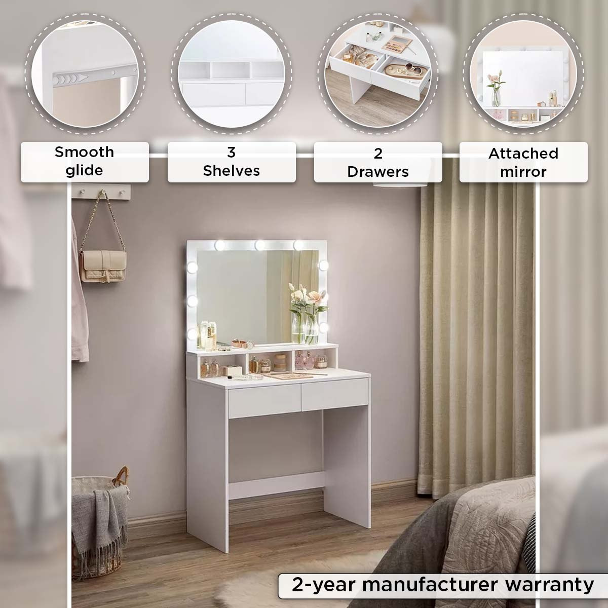طاولة تزيين فانيتي 2 درج مع مرآة وأضواء - برنسيس بلاش من موڤو -hbxfurniture-kidsroom-kidsdressersandmirrors-image-9
