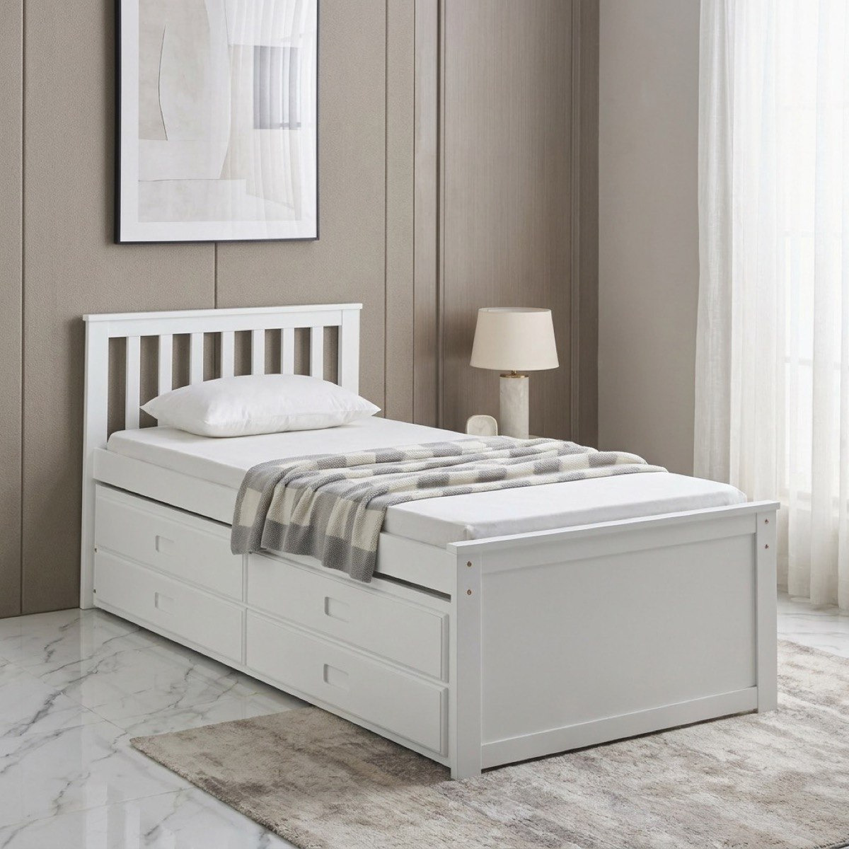 Movo Stova Vanilla Single Captain Bed with Trundle and Drawer - 90x200 cm