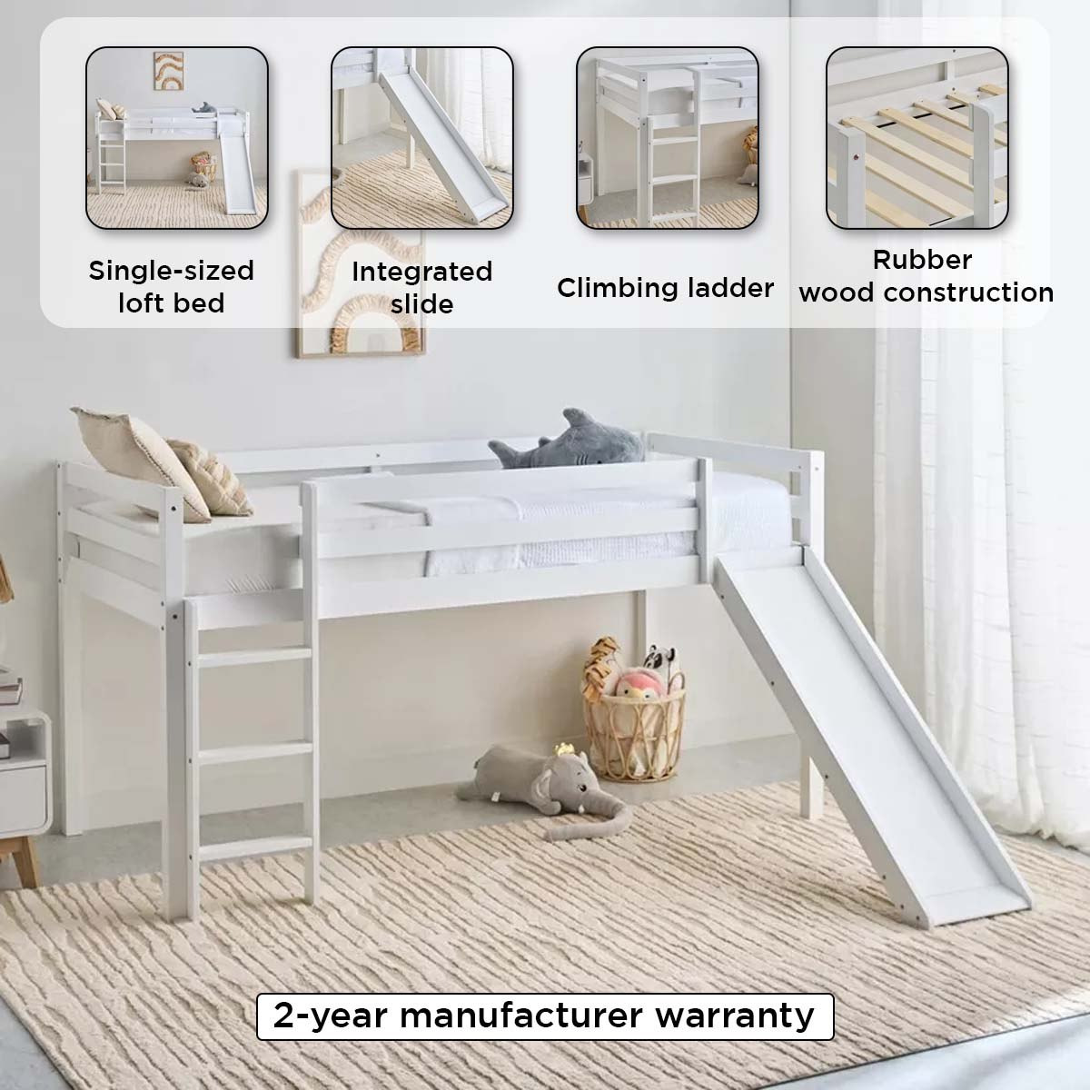 Stova Vanilla Loft Single Bed with Slide and Climbing Ladder - 90x200 cm-hbxkidsandyouth-bedsandbedsets-bunkbeds-single-image-4