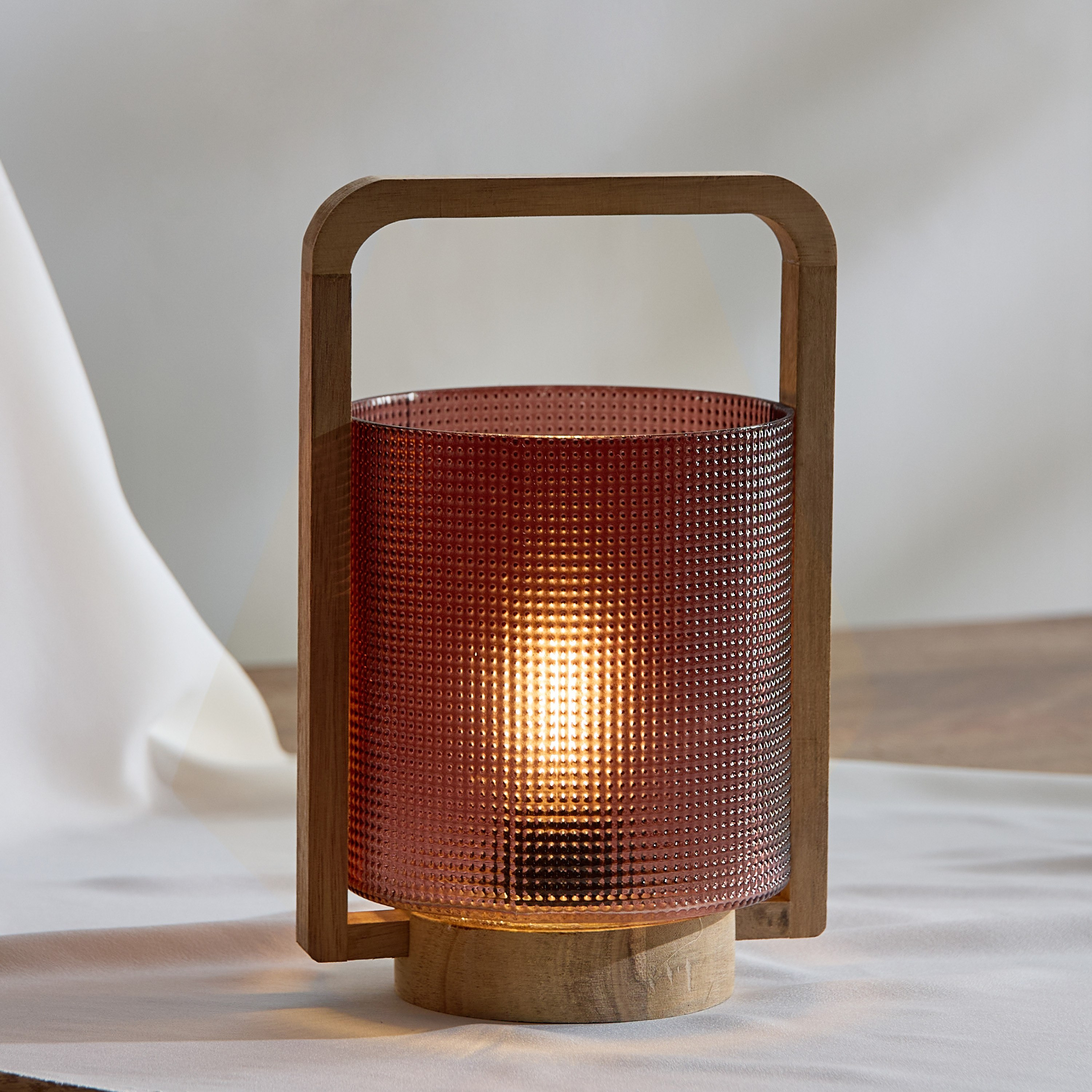 Auden Textured Glass Lantern with Wooden Handle - 13.7x11.8x23 cm-hbxdecorandfurnishings-homeaccessories-lanterns-image-1