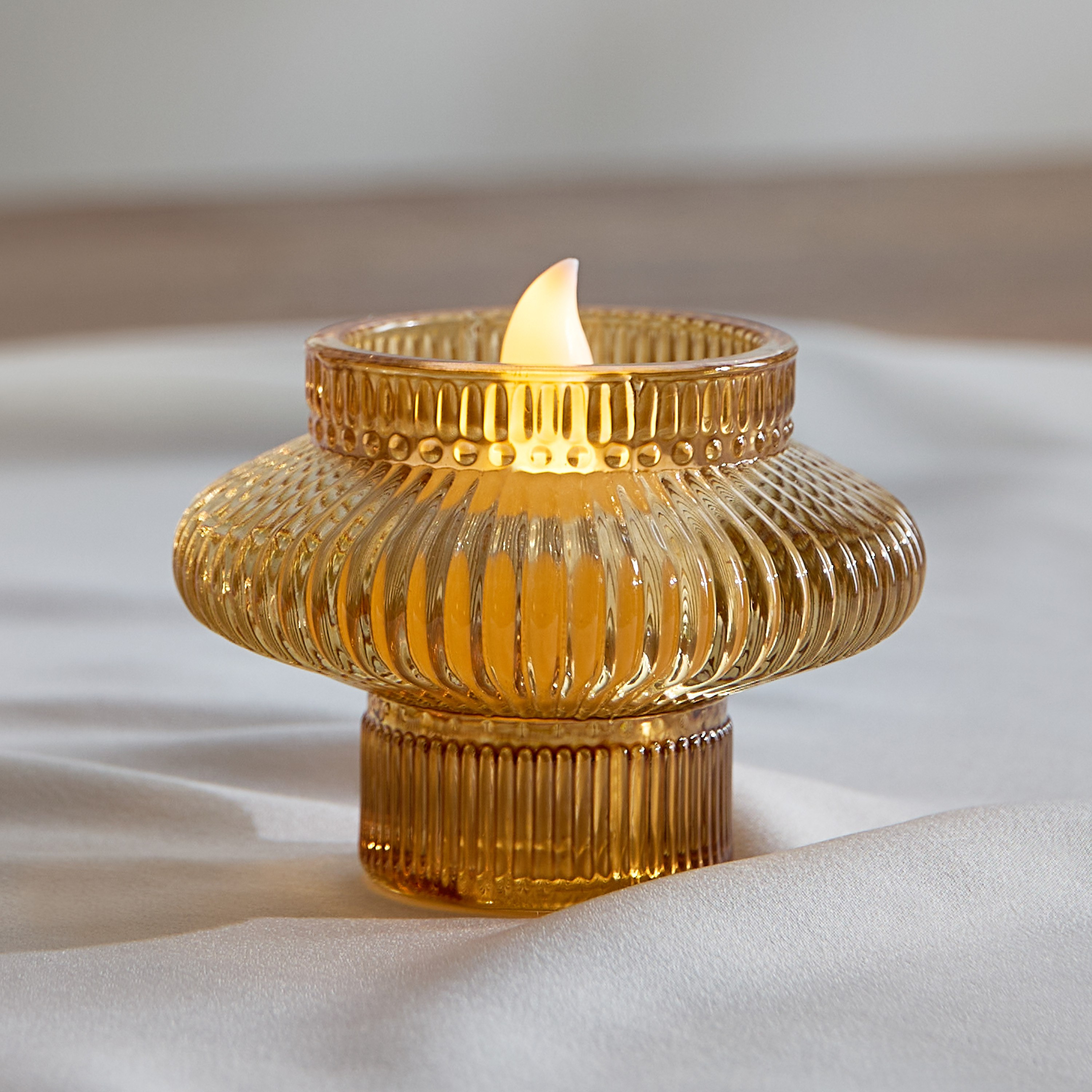 Auden Glass Ribbed Tealight Holder - 7.9x7.9x6 cm-hbxlivingroom-decorandaccessories-candleholders-image-1
