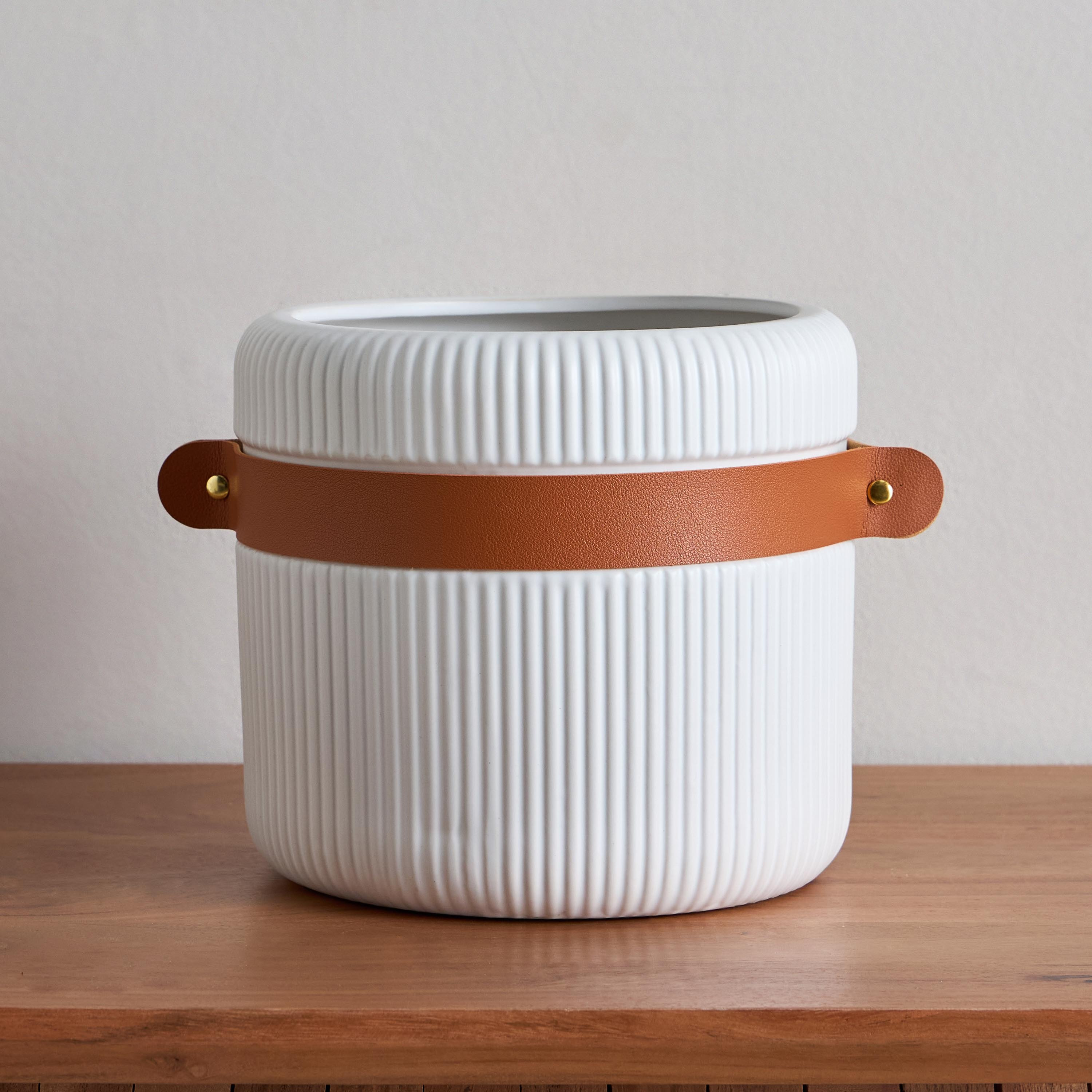 Tilden Ribbed Ceramic Planter with PU Band - 20x20x18.3 cm-hbxhomeware-hbxdecorandfurnishings-image-2
