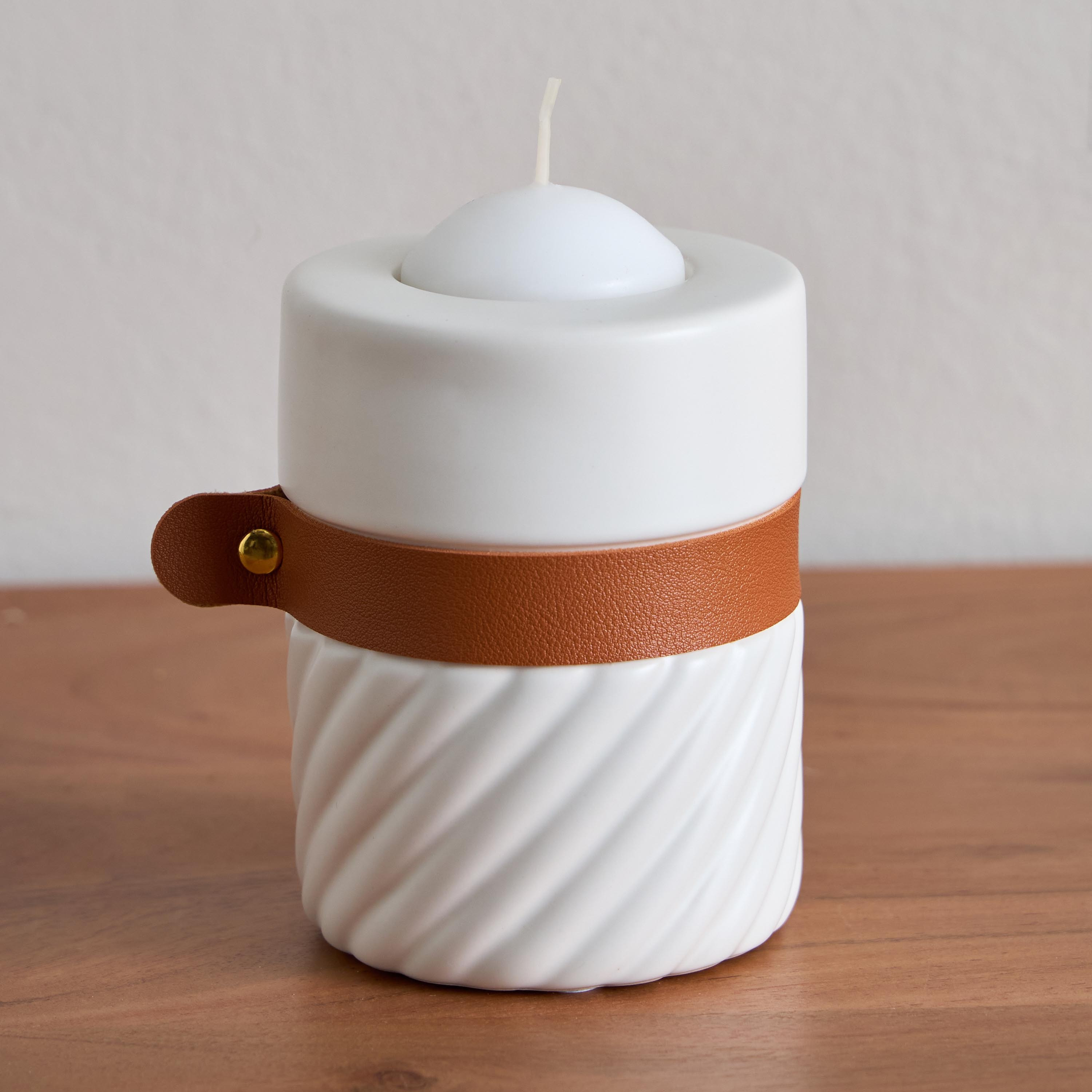 Tilden Half Ribbed Ceramic Candleholder with PU Band - 8.5x8.5x11 cm-hbxlivingroom-decorandaccessories-candleholders-image-1