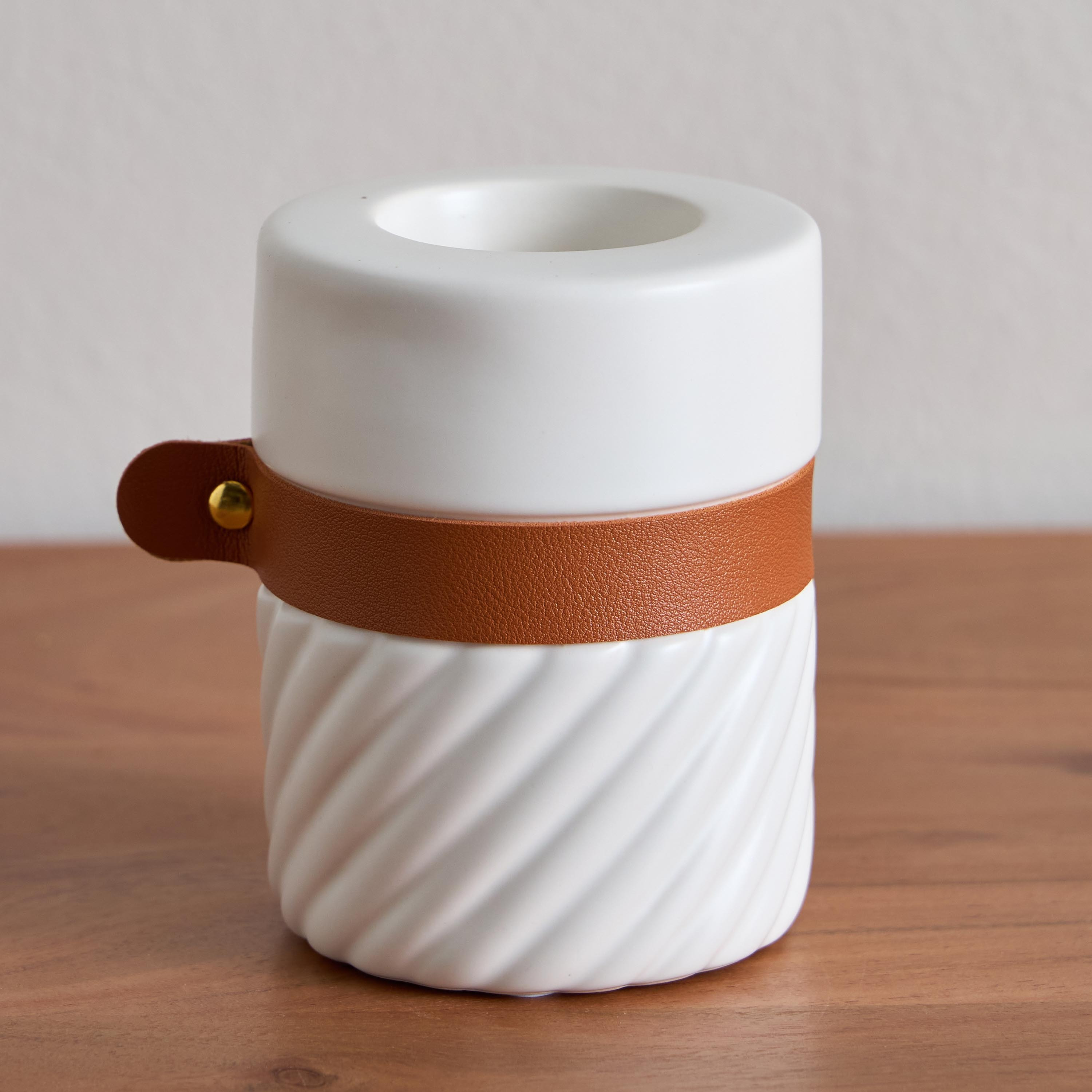 Tilden Half Ribbed Ceramic Candleholder with PU Band - 8.5x8.5x11 cm-hbxlivingroom-decorandaccessories-candleholders-image-2
