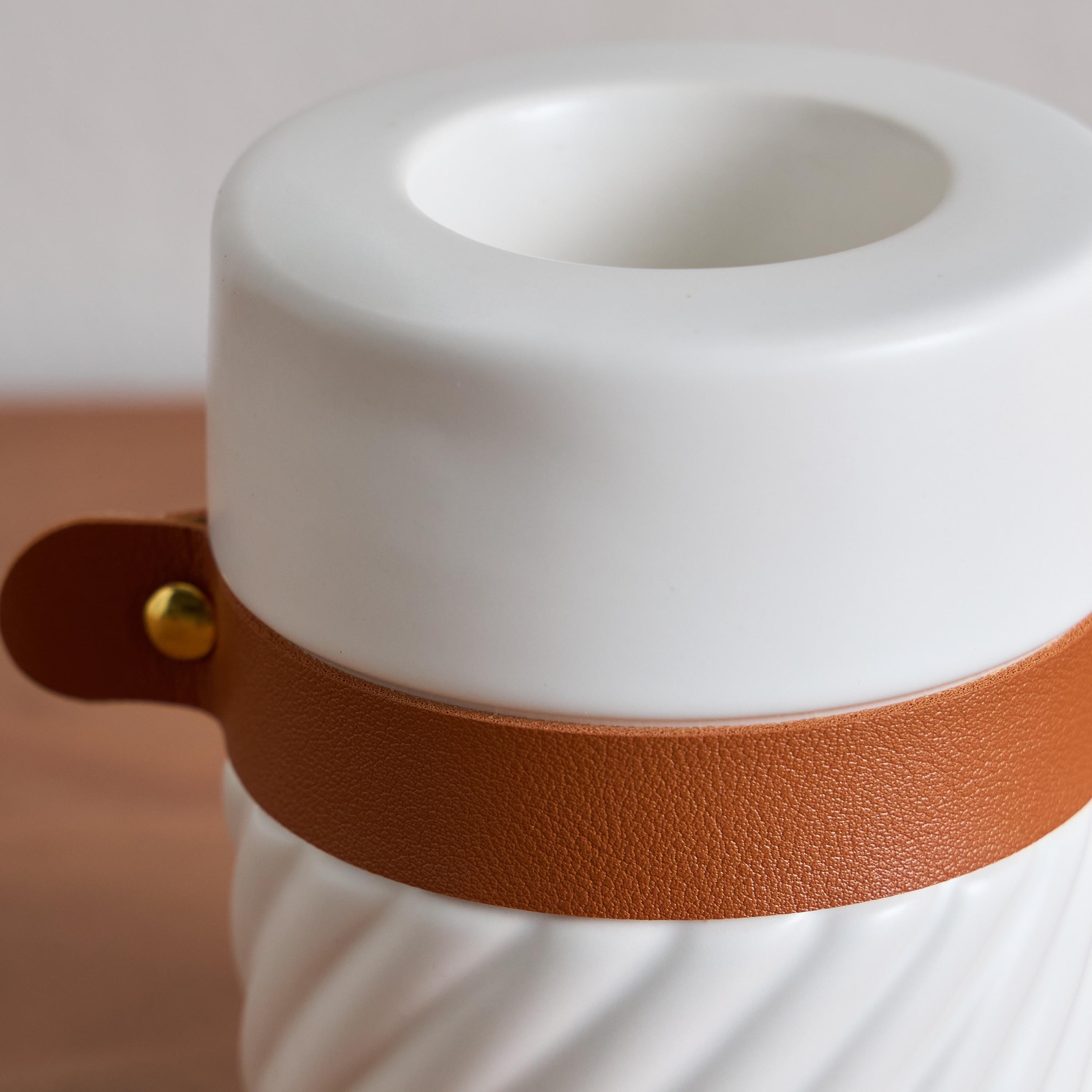 Tilden Half Ribbed Ceramic Candleholder with PU Band - 8.5x8.5x11 cm-hbxlivingroom-decorandaccessories-candleholders-image-3
