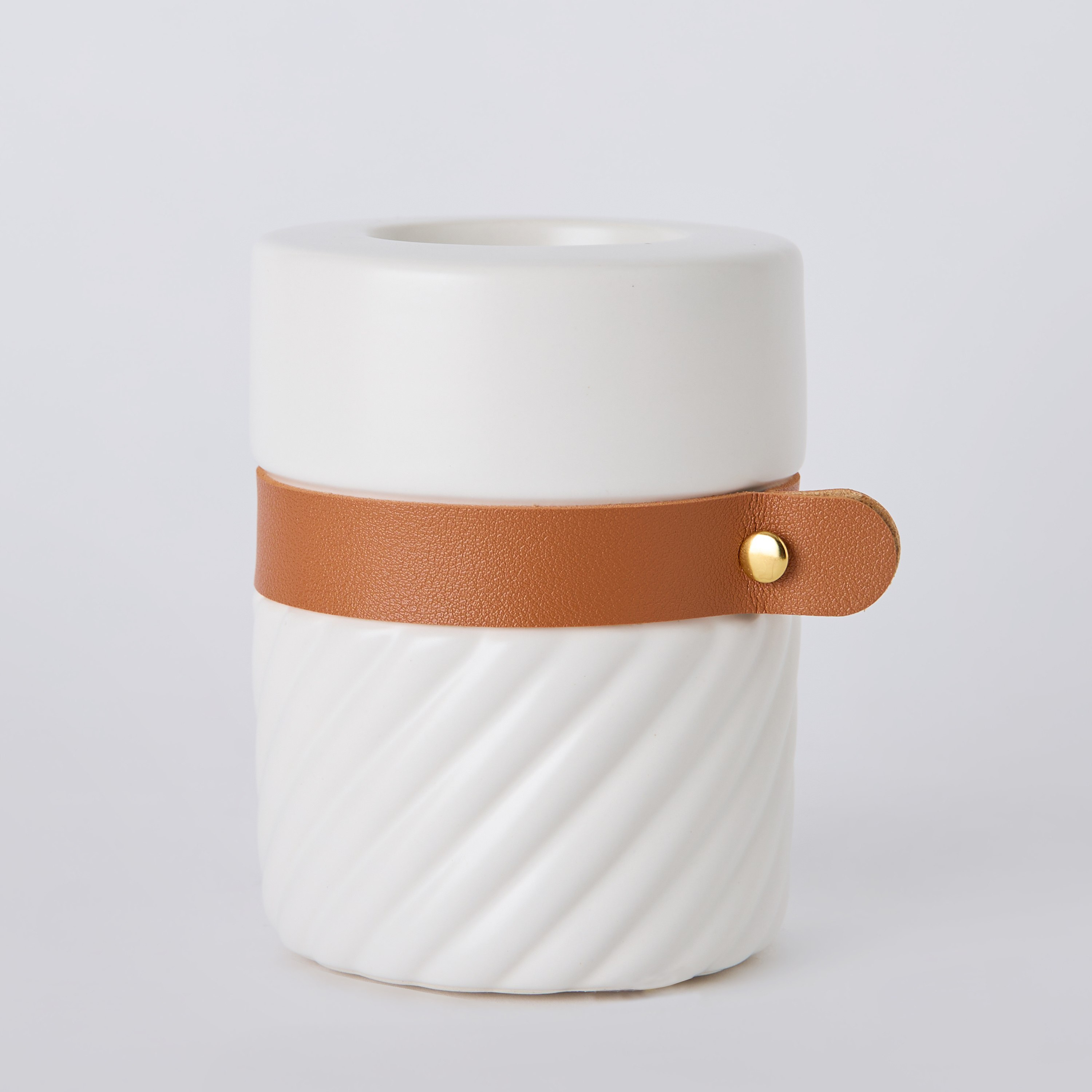 Tilden Half Ribbed Ceramic Candleholder with PU Band - 8.5x8.5x11 cm-hbxlivingroom-decorandaccessories-candleholders-image-5