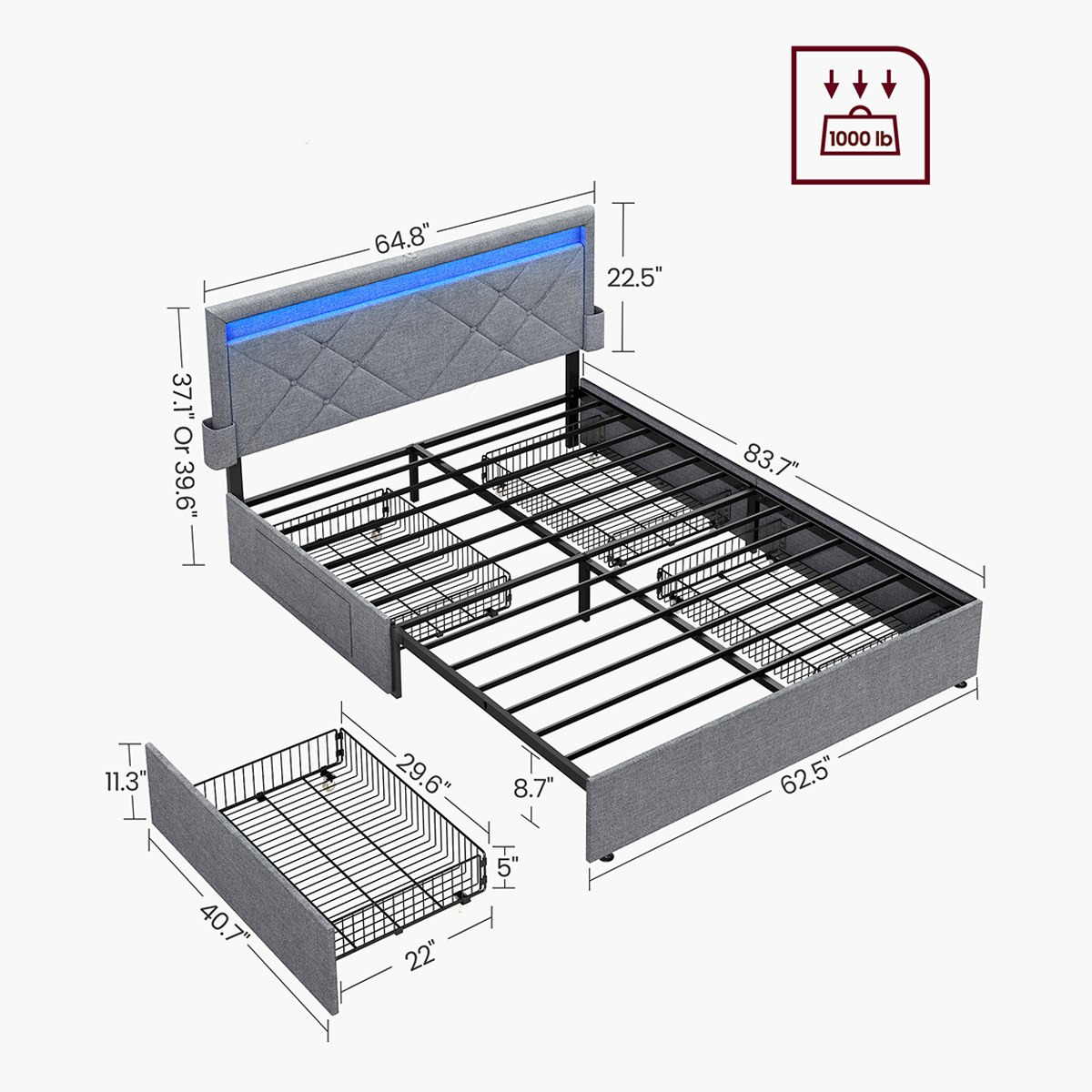 سرير كوين ذكي منجّد بـ4 أدراج من أينشتاين - 150x200 سم-hbxbedroom-bedsandbedsets-beds-queen-image-19