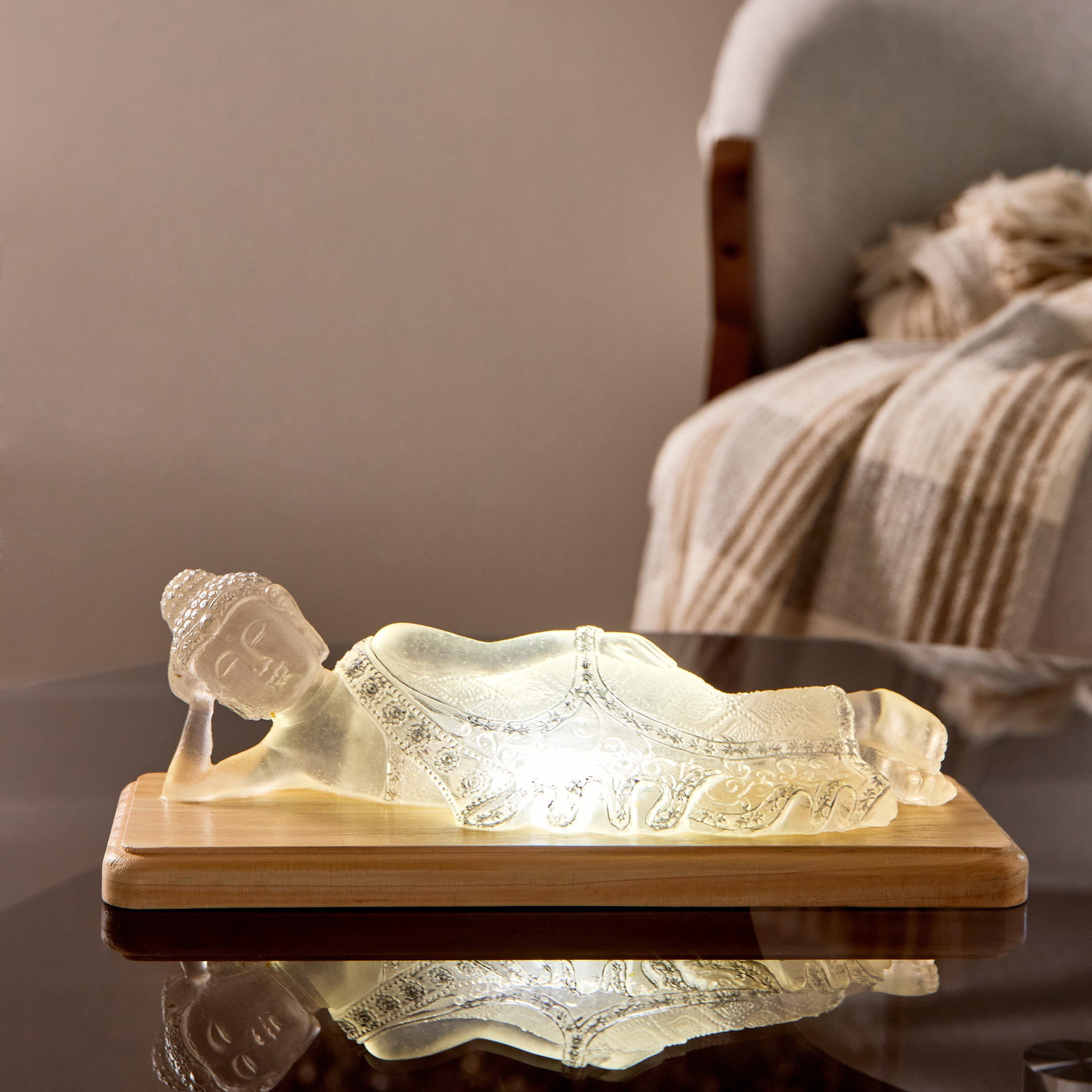 Asher Polyresin Resting Buddha with LED Accent on Wooden Base - 31x11x9.5 cm-hbxhomeware-homedecor-figurinesandornaments-image-1
