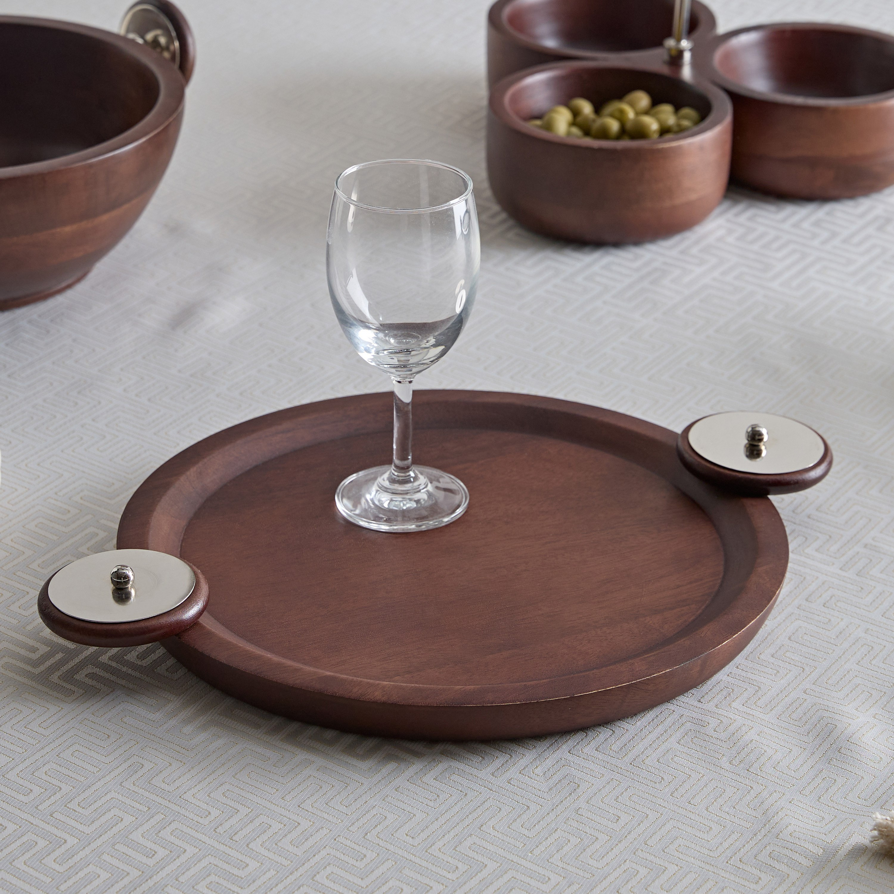 Obje Wooden Round Tray with Wheel Handle - 38 cm-hbxdecorandfurnishings-tabletop-serveware-image-1