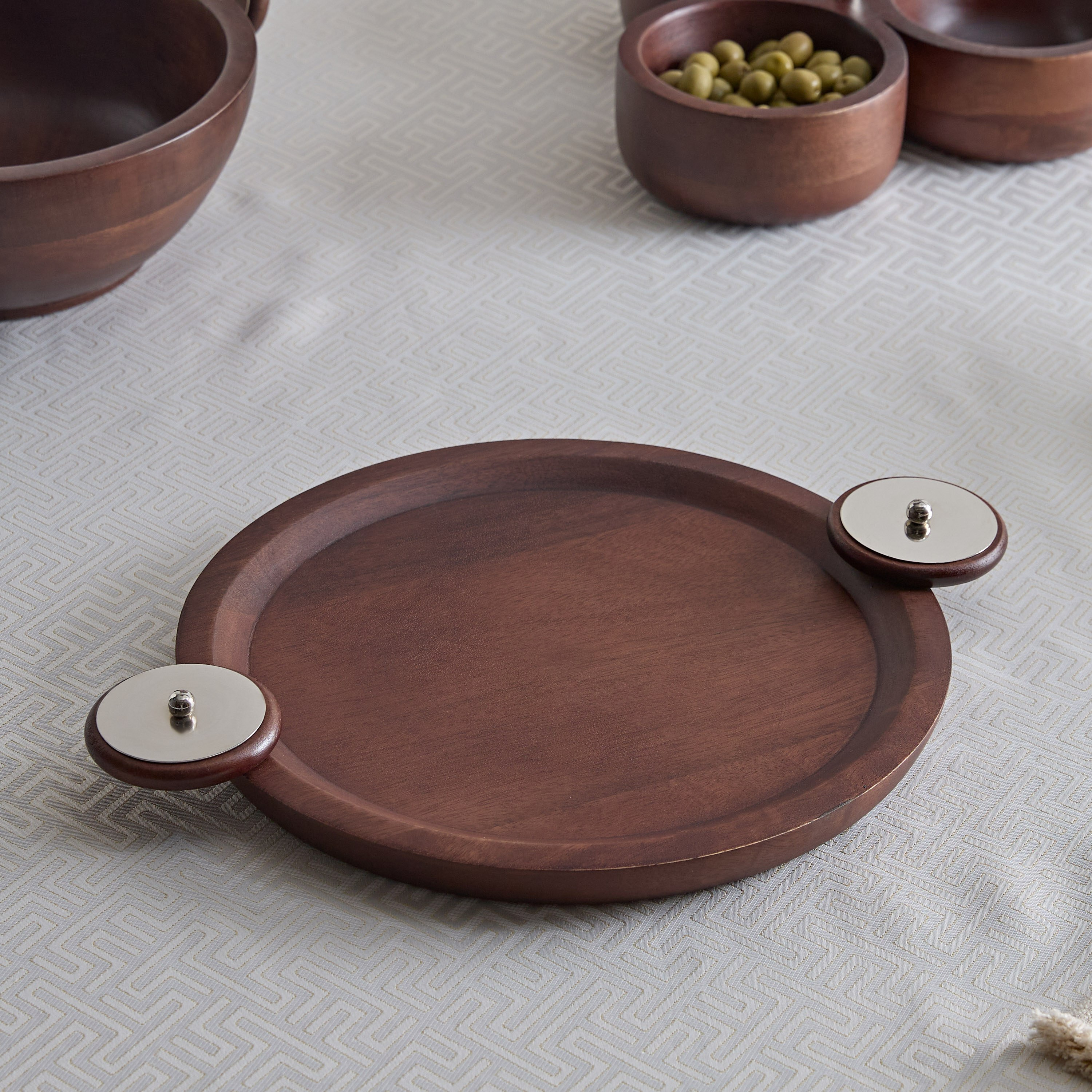 Obje Wooden Round Tray with Wheel Handle - 38 cm-hbxdecorandfurnishings-tabletop-serveware-image-2