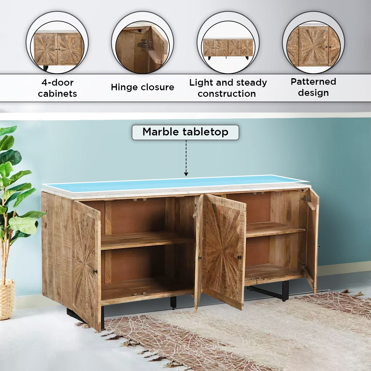 خزانة جانبية كبيرة 2 متر 4 أبواب بسطح من الرخام الأصلي - فلوريا من فيندرا-hbxfurniture-diningroom-buffetsandsideboards-image-5