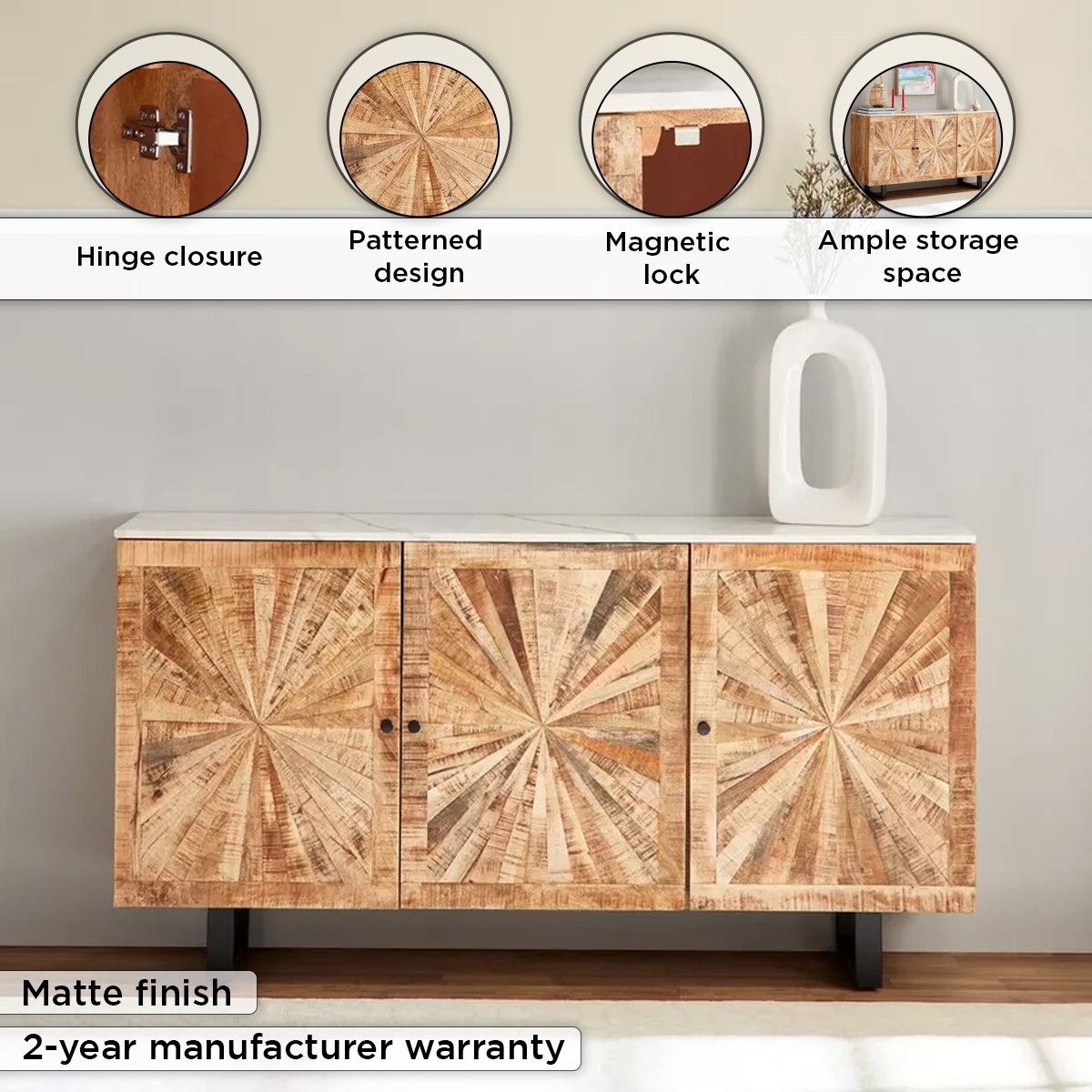 Cavon Florya NXT 1.6 Metre 3-Door Solid Wood Sideboard with Genuine Marble Top-hbxfurniture-diningroom-buffetsandsideboards-image-4