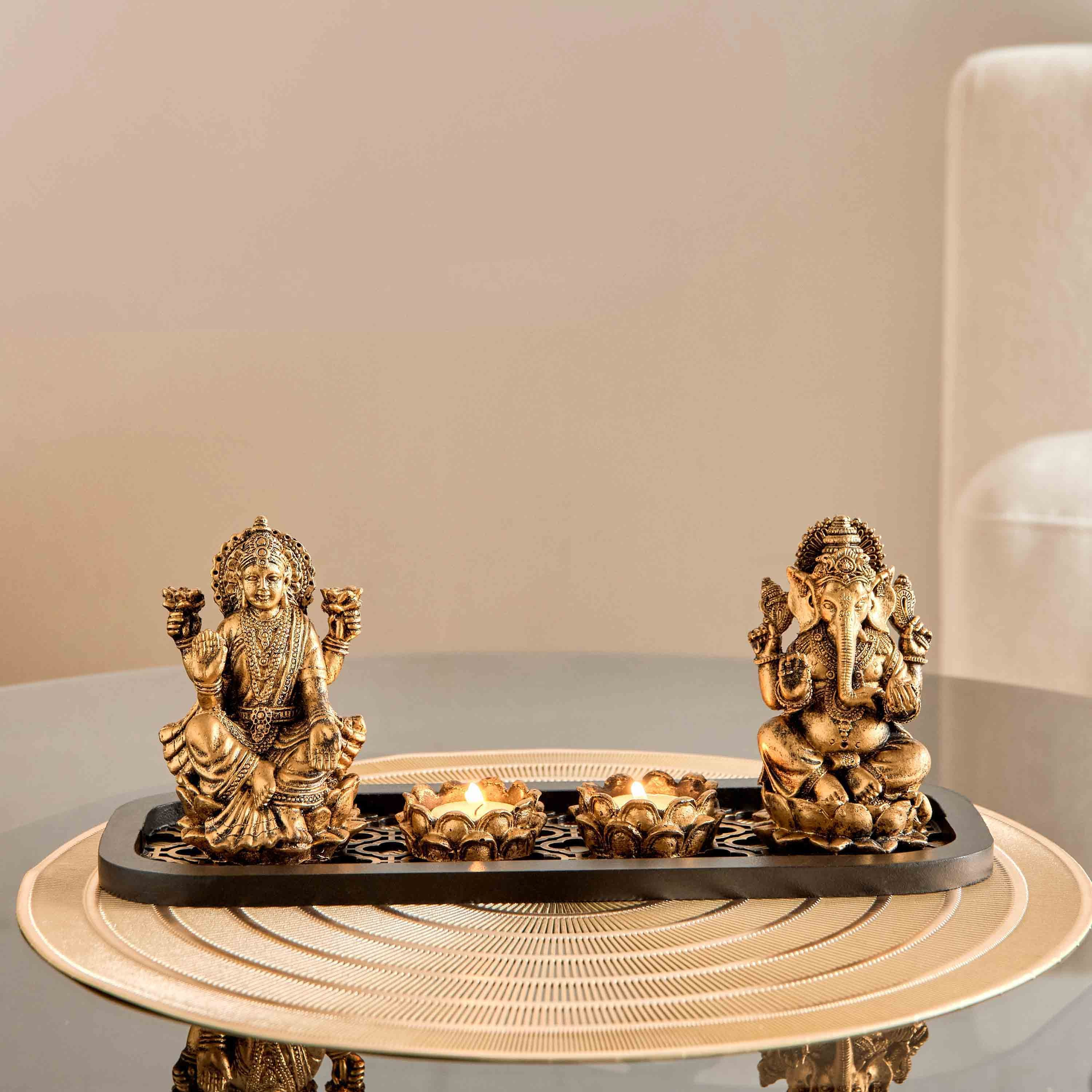 قطعة ديكور جانيشا لاكشمي بوليريسين مع صينية خشبية من روس- 34x13x12.8 سم-hbxhomeware-homedecor-figurinesandornaments-image-1