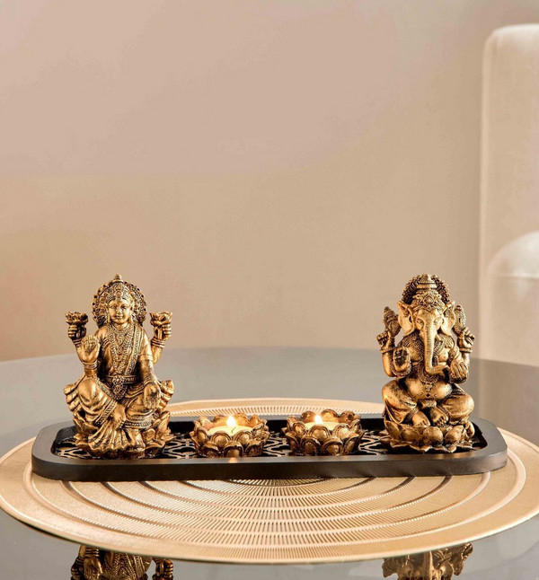 Buy Ruse Buy Ruse Polyresin Ganesh Laxmi Accent with Wooden Tray - 34x13x12.8 cm ...