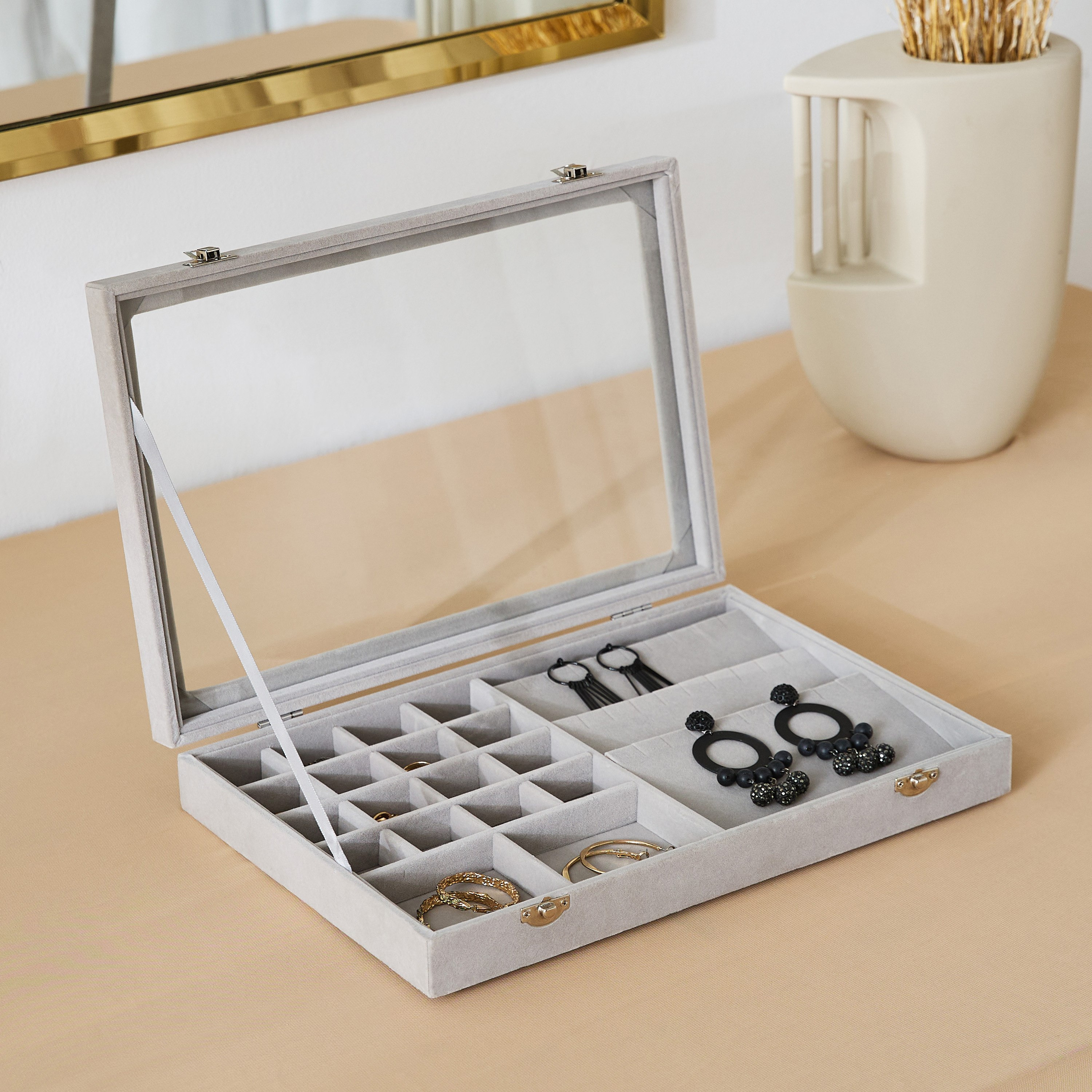 Velour Jewellery Box with Clear Lid - 35x24x5.5 cm-hbxbedroom-bedroomaccessories-jewelleryboxesandholders-image-1