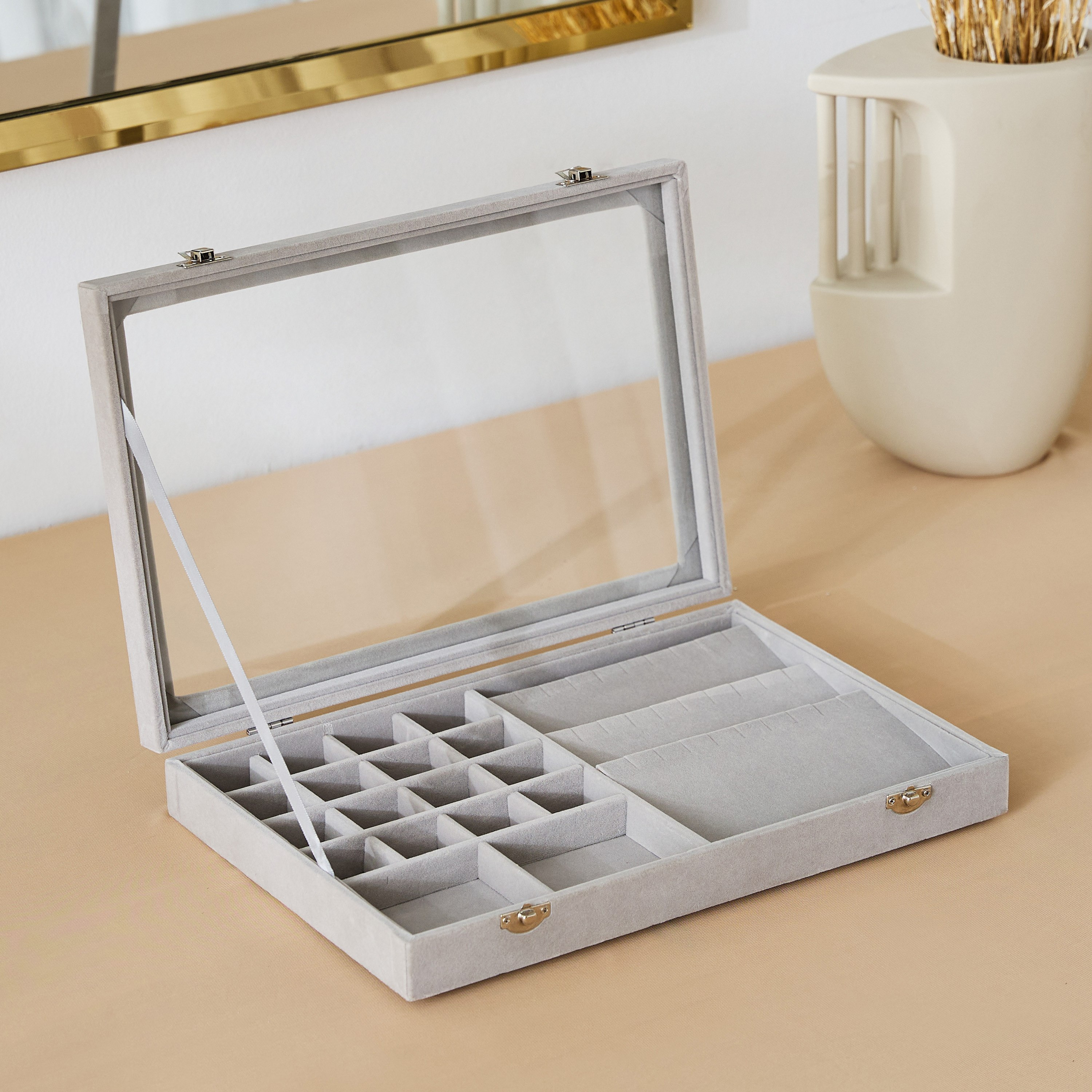 Velour Jewellery Box with Clear Lid - 35x24x5.5 cm-hbxbedroom-bedroomaccessories-jewelleryboxesandholders-image-2
