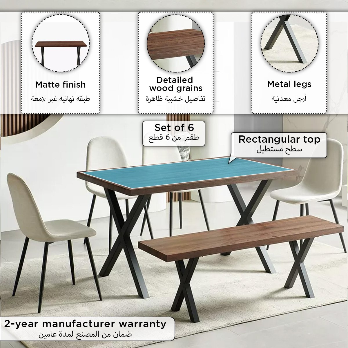 Wales 6-Seater Dining Set with Bench-hbxfurniture-diningtablesandsets-diningsets-sixseater-image-4