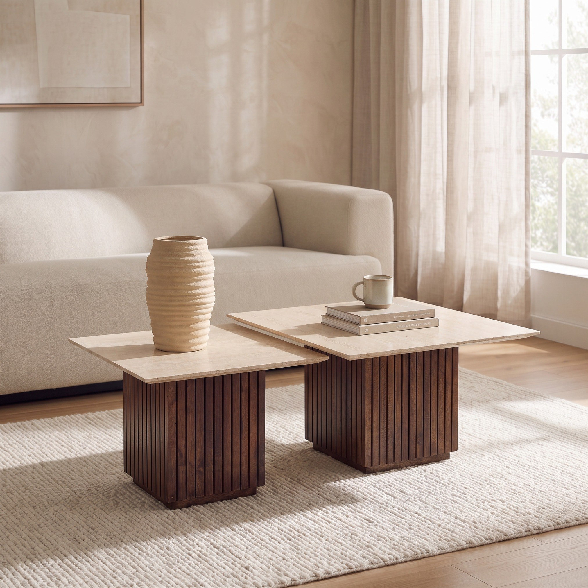 Cavon Fluted 2-Piece Genuine Travertine Top Square Coffee Table with Solid Wood Base Set-PROMO_HB_SA_HBX10_TH1000_NEW_031025-image-1