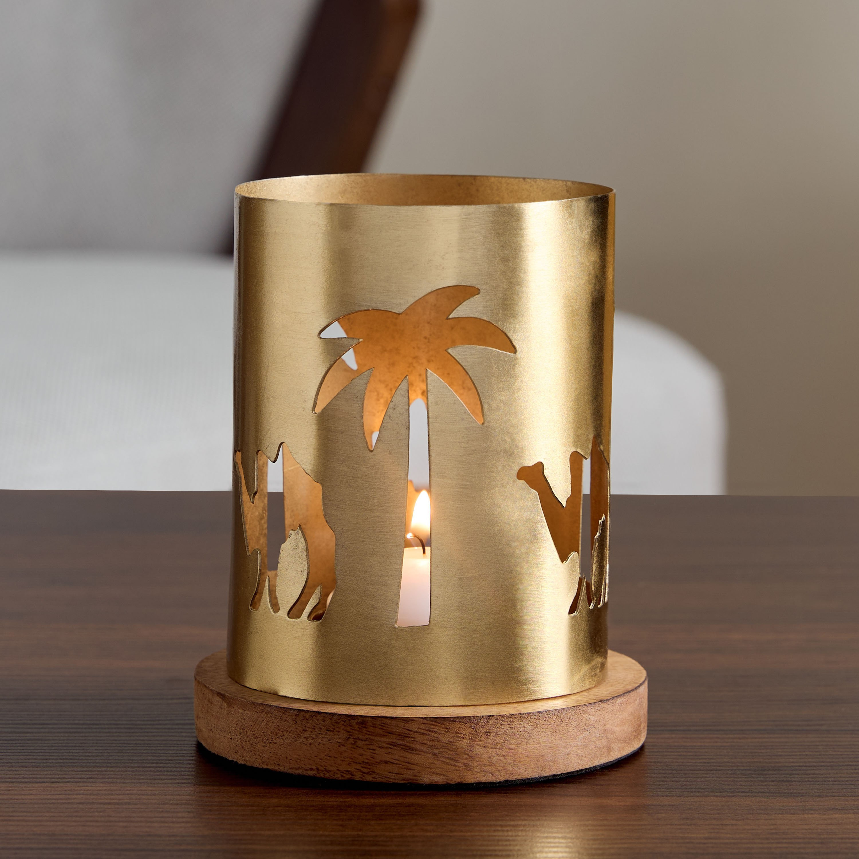 Rayon Meal Camel Cutwork Tealight Holder with Wooden Base - 10.5x10.5x13 cm-hbxlivingroom-decorandaccessories-candleholders-image-1