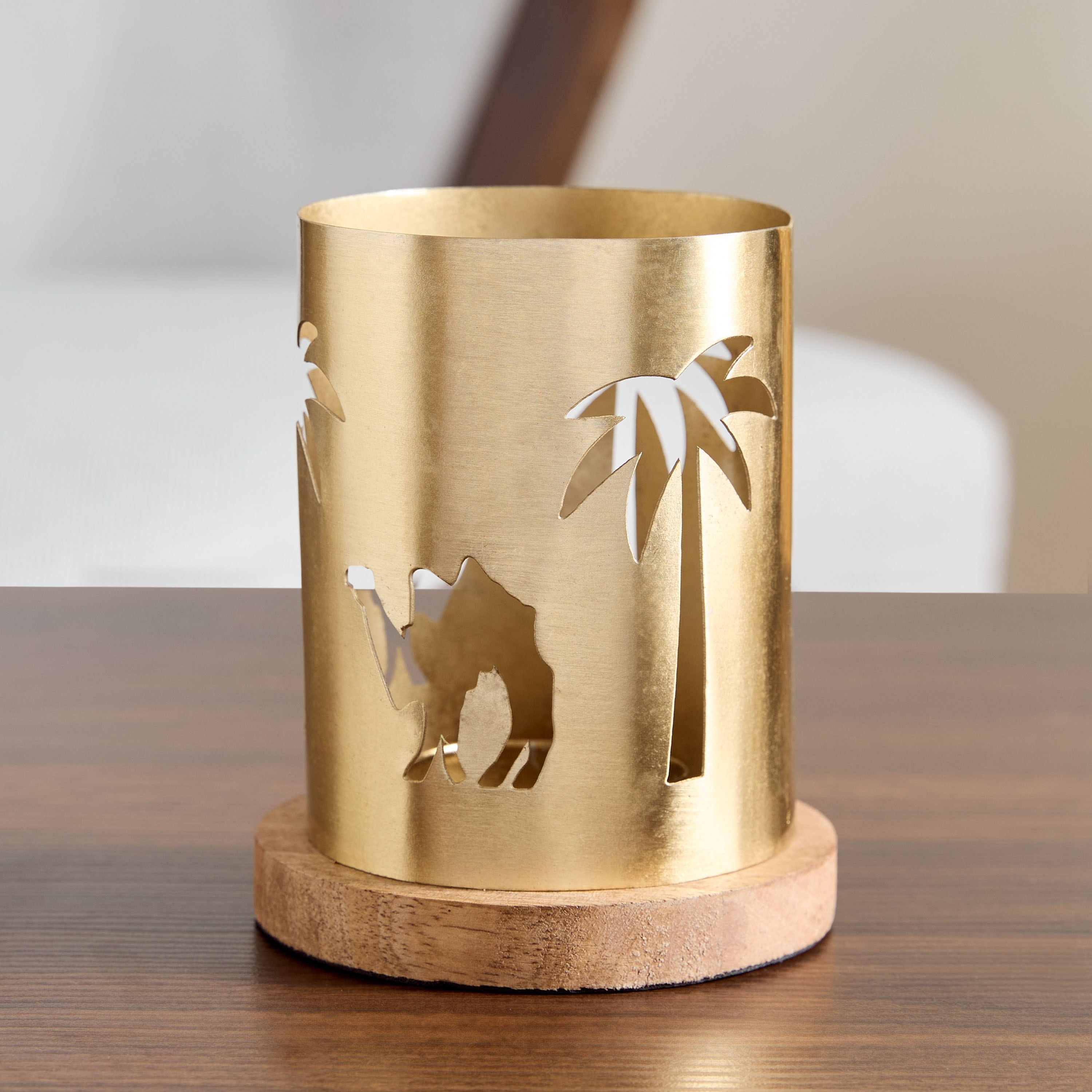 Rayon Meal Camel Cutwork Tealight Holder with Wooden Base - 10.5x10.5x13 cm-hbxlivingroom-decorandaccessories-candleholders-image-2