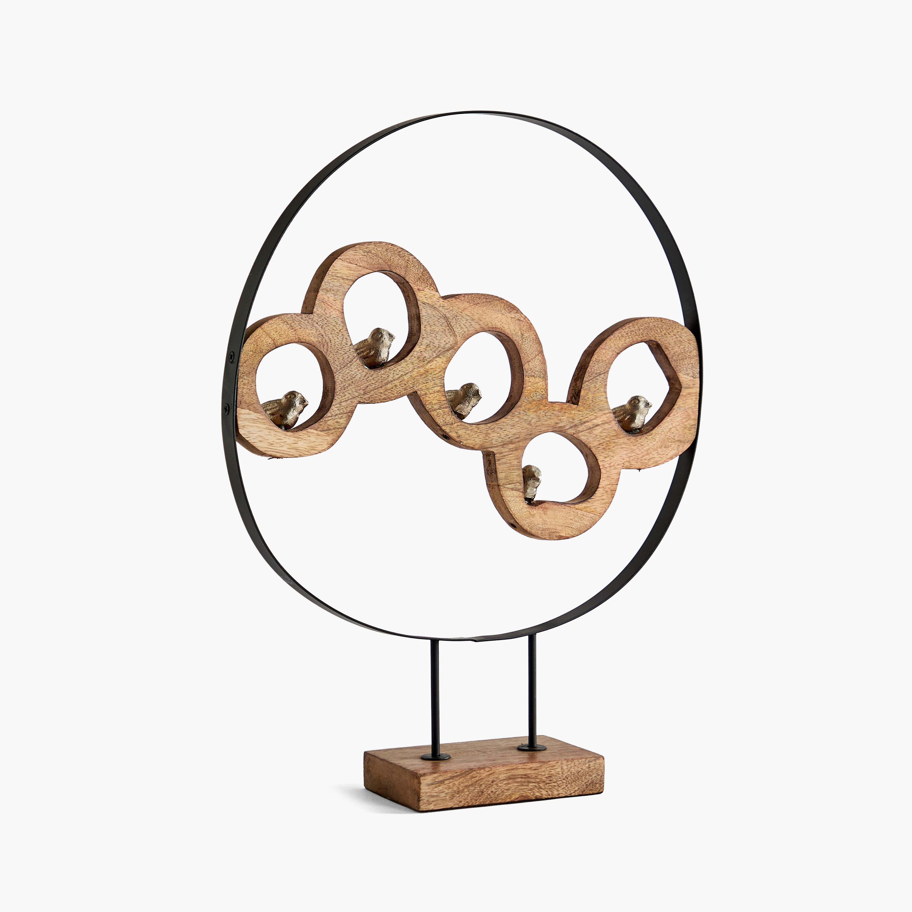 زينة طاولة ألومنيوم بتصميم خمسة طيور في حلقة بقاعدة خشب من رايون - 38x9x49 سم-hbxhomeware-homedecor-figurinesandornaments-image-4