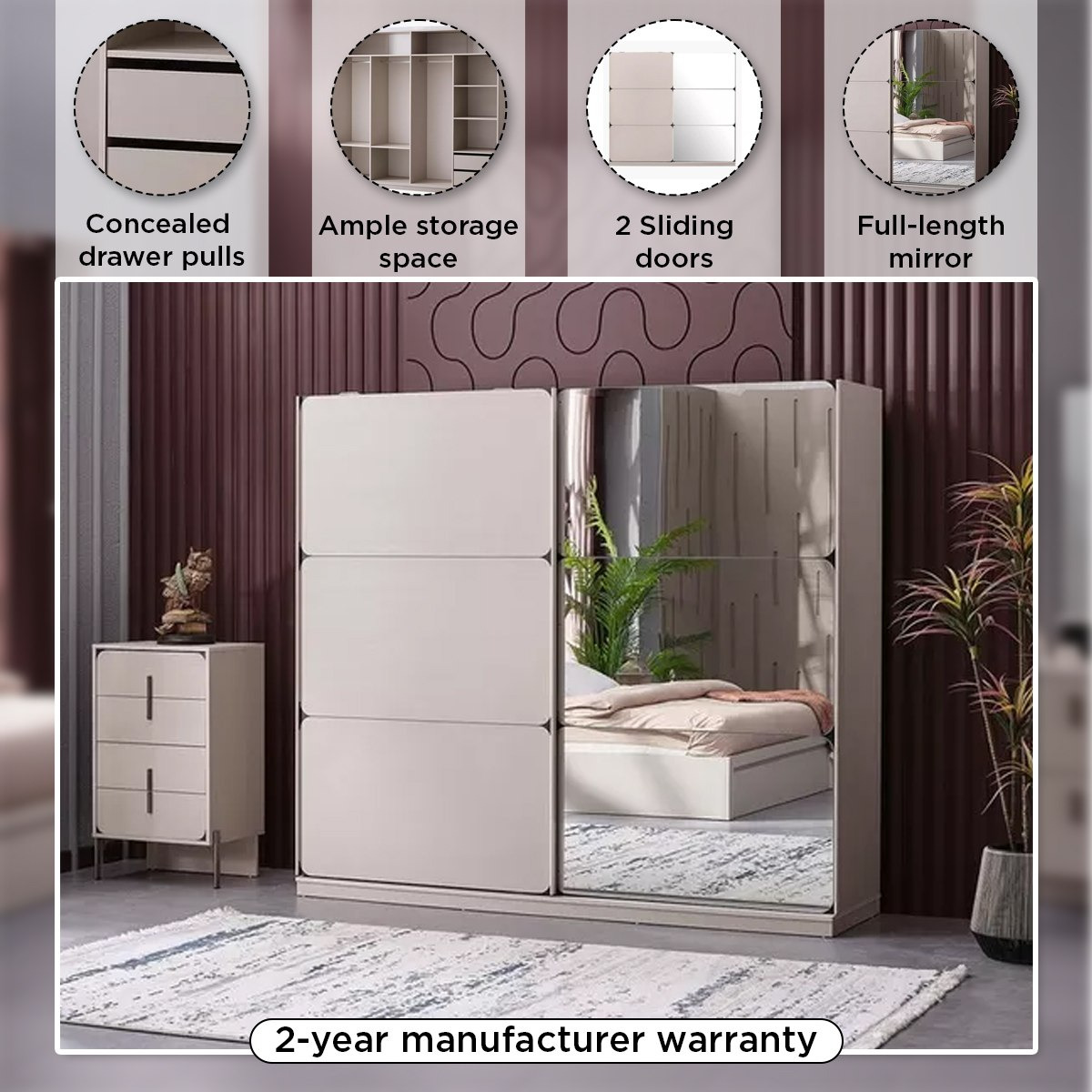 Pomza Sliding Door Wardrobe with 2 Drawers and Mirror-hbxfurniture-wardrobes-image-4
