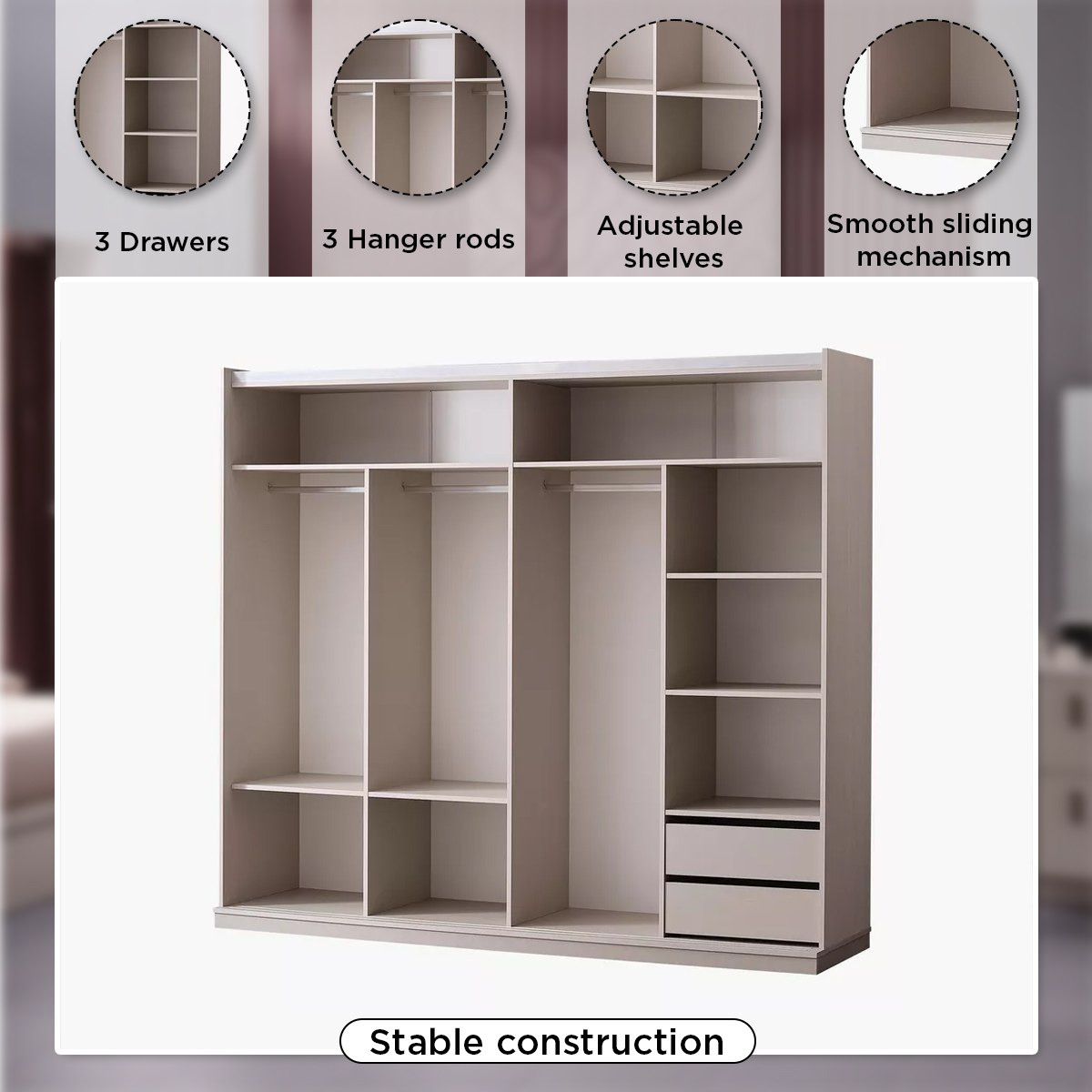 Pomza Sliding Door Wardrobe with 2 Drawers and Mirror-hbxfurniture-wardrobes-image-5