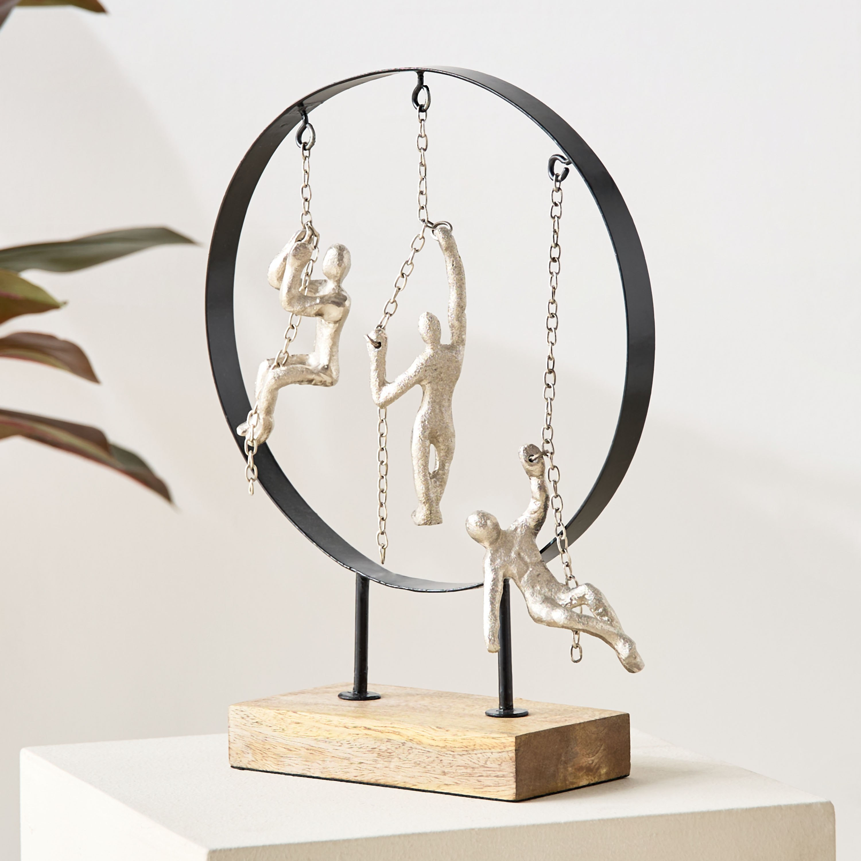 Odin Aluminium Hanging Sculpture Ring Decor on Wooden Base - 20x20x28 cm-hbxhomeware-homedecor-figurinesandornaments-image-1