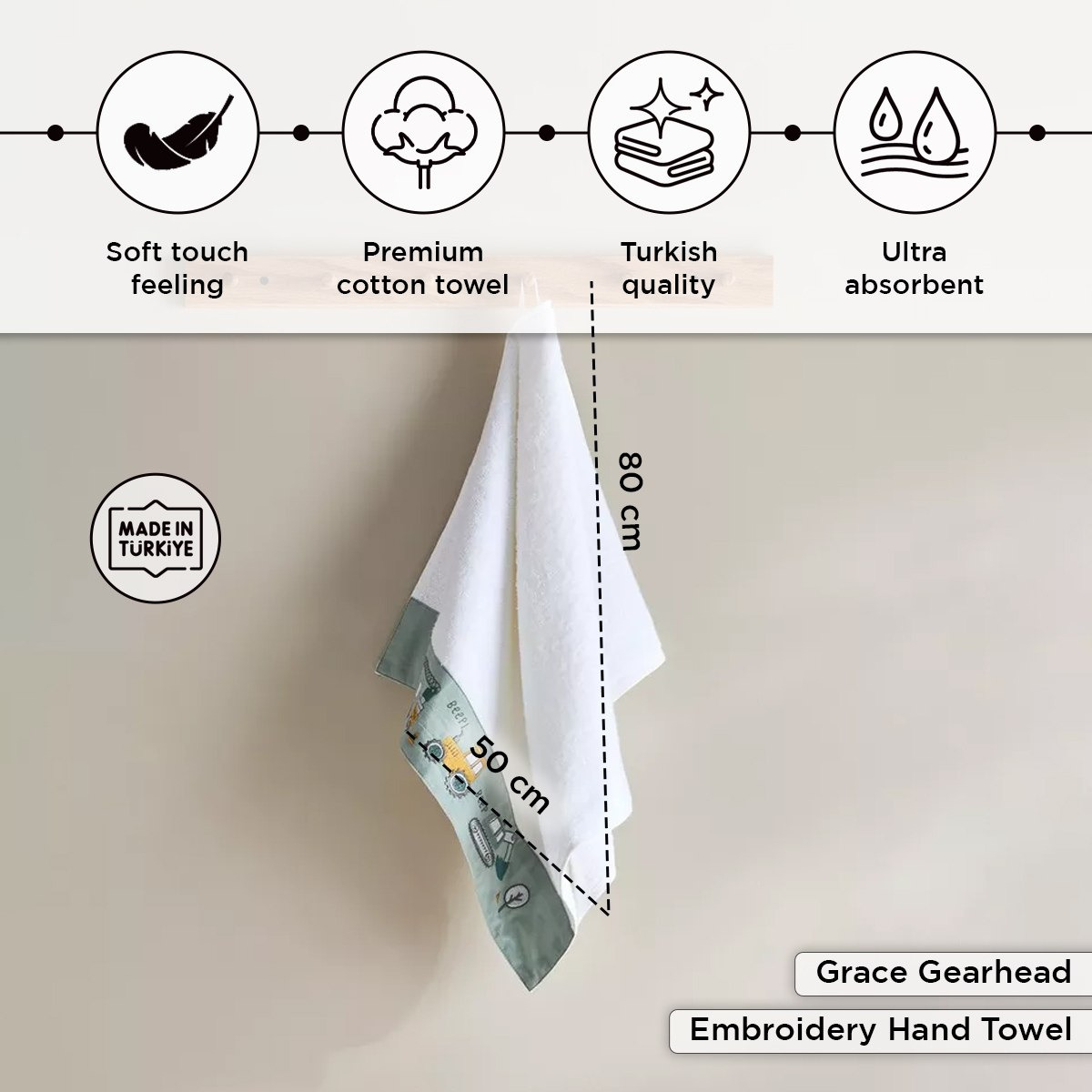 Grace Gearhead Beep Beep Turkish Cotton Kids Hand Towel - 50x80 cm-hbxhomeware-hbxkidsandyouth-image-4