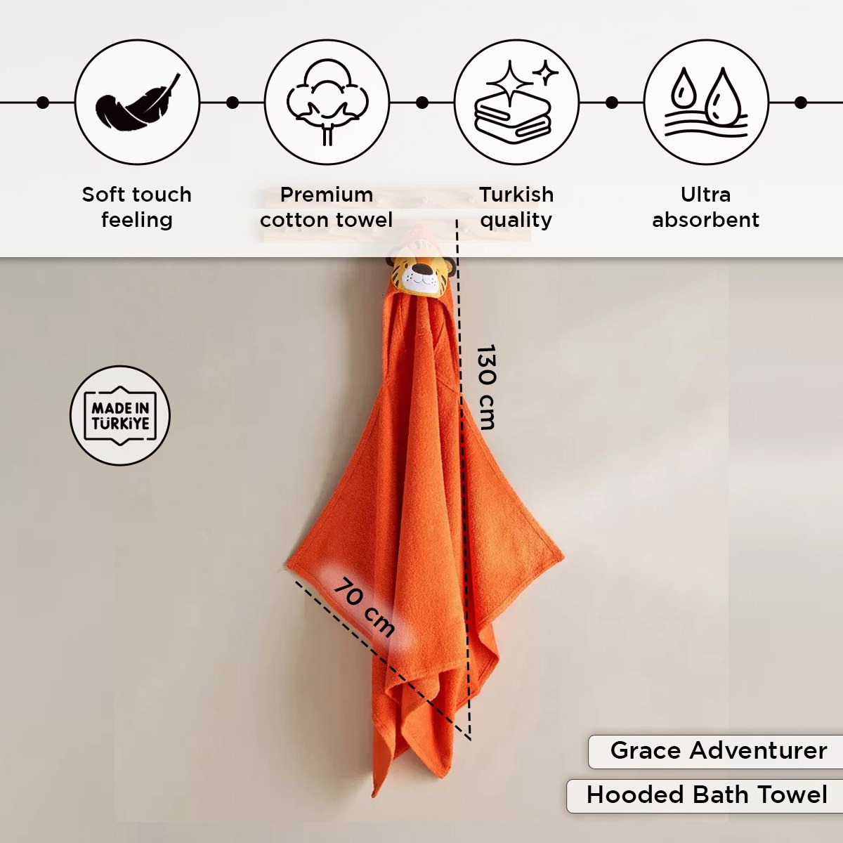 Grace Adventurer Tiger Turkish Cotton Kids Hooded Bath Towel - 70x130 cm-hbxhomeware-hbxkidsandyouth-image-4