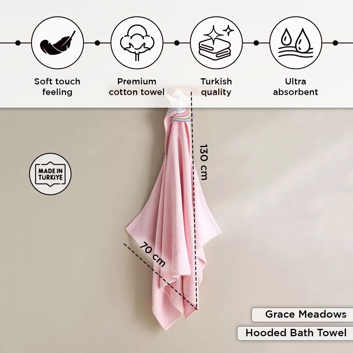 Grace Meadows Unicorn Turkish Cotton Kids Hooded Bath Towel - 70x130 cm-hbxhomeware-hbxkidsandyouth-image-4