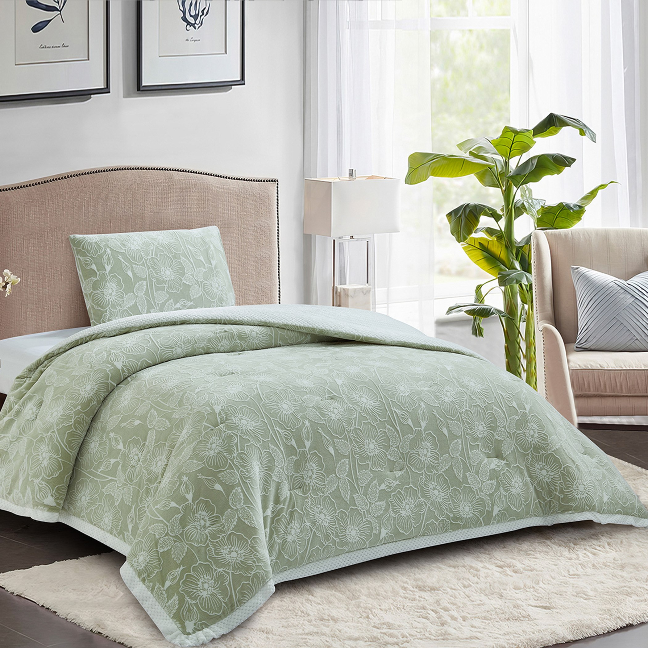 Bern Leaf 2-Piece Micromilk Velvet with Flannel Twin Comforter Set - 150x220 cm-hbxhomeware-hbxbedroom-image-1