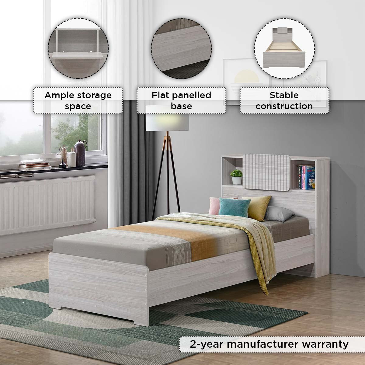 Movo Elmwood Smart Single Bed with Storage Headboard - 90x200 cm-hbxfurniture-bedsandbedsets-beds-single-image-10