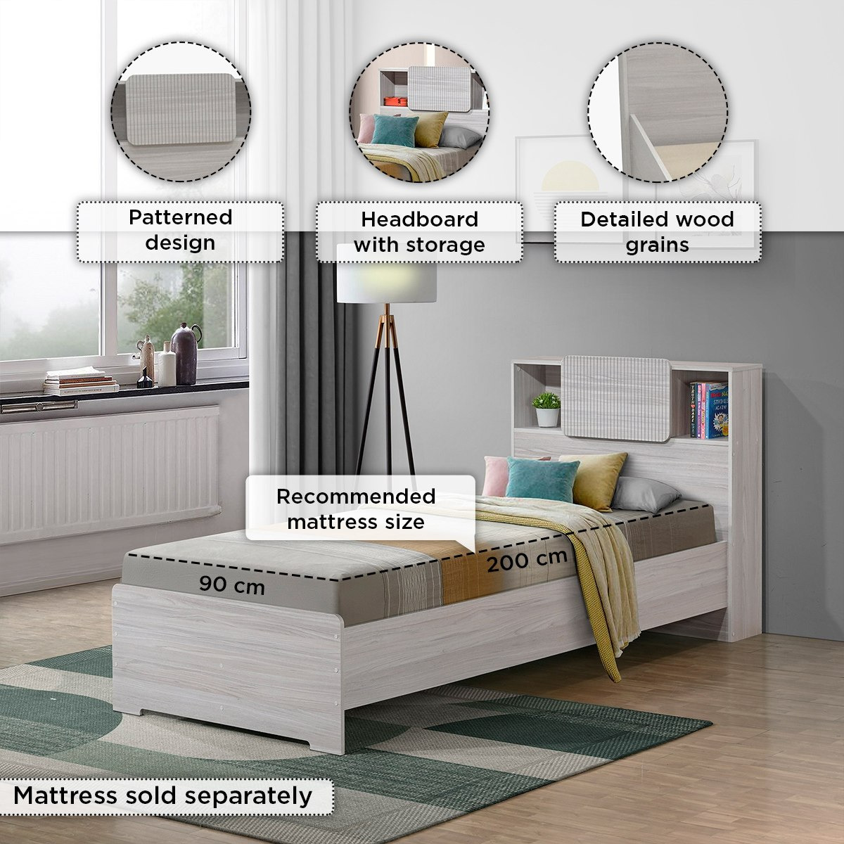 Movo Elmwood Smart Single Bed with Storage Headboard - 90x200 cm-hbxfurniture-bedsandbedsets-beds-single-image-9