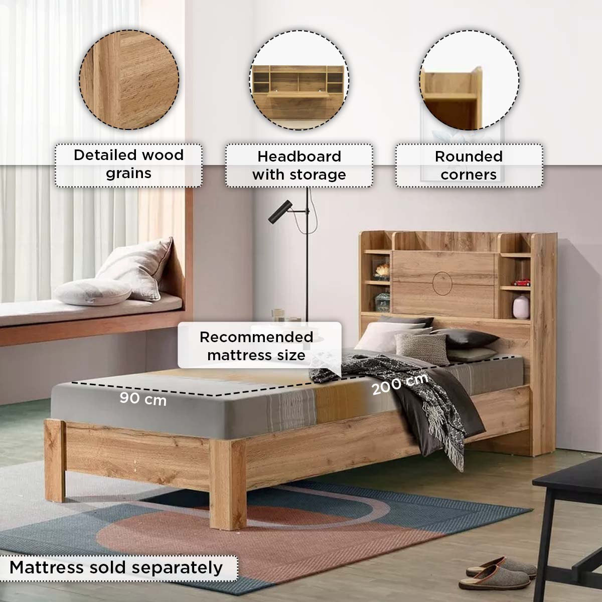 Movo Carnation Smart Single Bed with Storage Headboard - 90x200 cm-hbxfurniture-bedsandbedsets-beds-single-image-10
