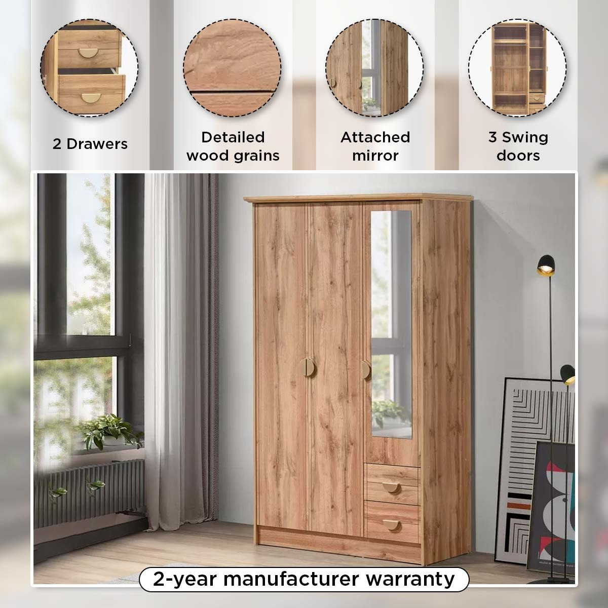 Movo Carnation 3-Door Wardrobe with 2 Drawers and Mirror-hbxfurniture-wardrobes-image-10