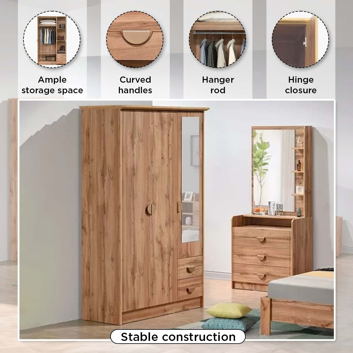 Movo Carnation 3-Door Wardrobe with 2 Drawers and Mirror-hbxfurniture-wardrobes-image-11