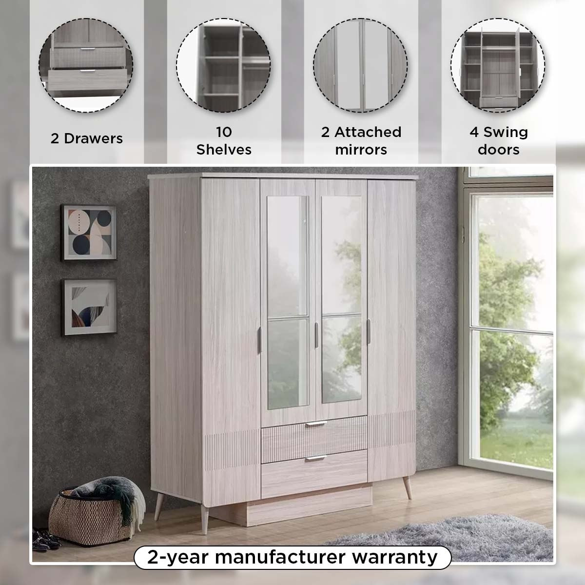 Movo Elmwood 4-Door Wardrobe with 2 Drawers and Mirror-hbxfurniture-wardrobes-image-10