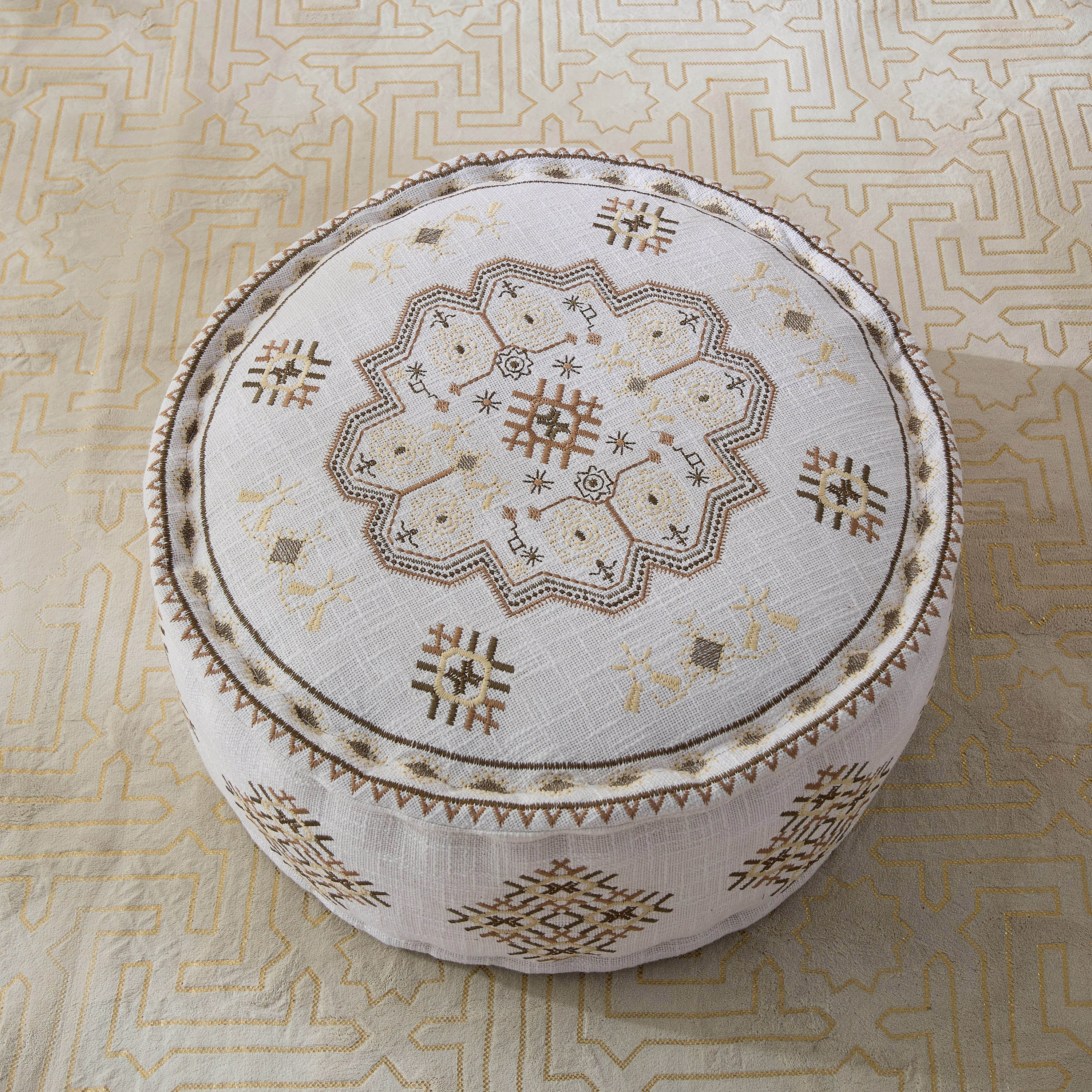 Mahrgan Zahra Embroidered Medallion Pouf - 60x60x25 cm-hbxfurniture-kidsroom-kidsbeanbags-image-2