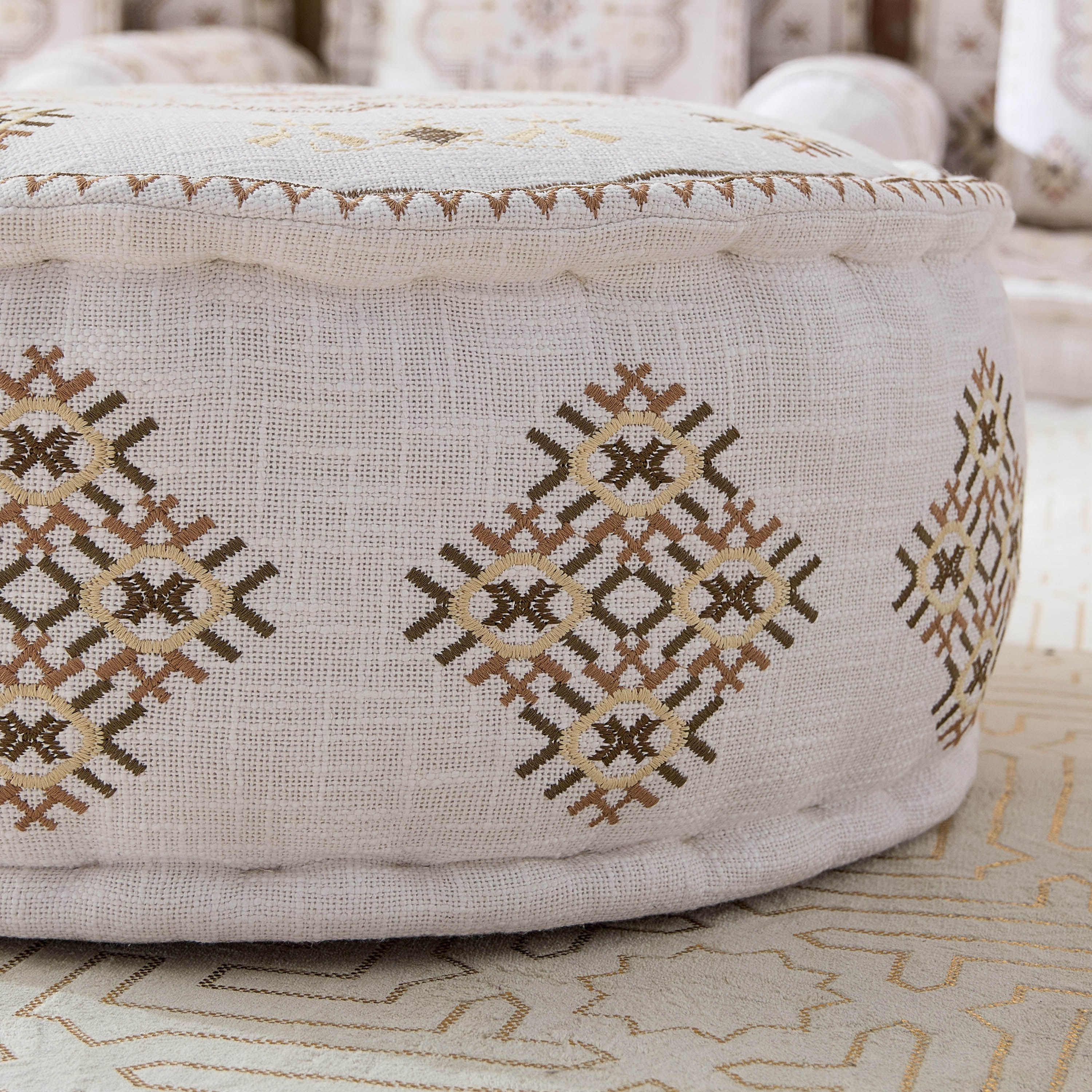 Mahrgan Zahra Embroidered Medallion Pouf - 60x60x25 cm-hbxfurniture-kidsroom-kidsbeanbags-image-4