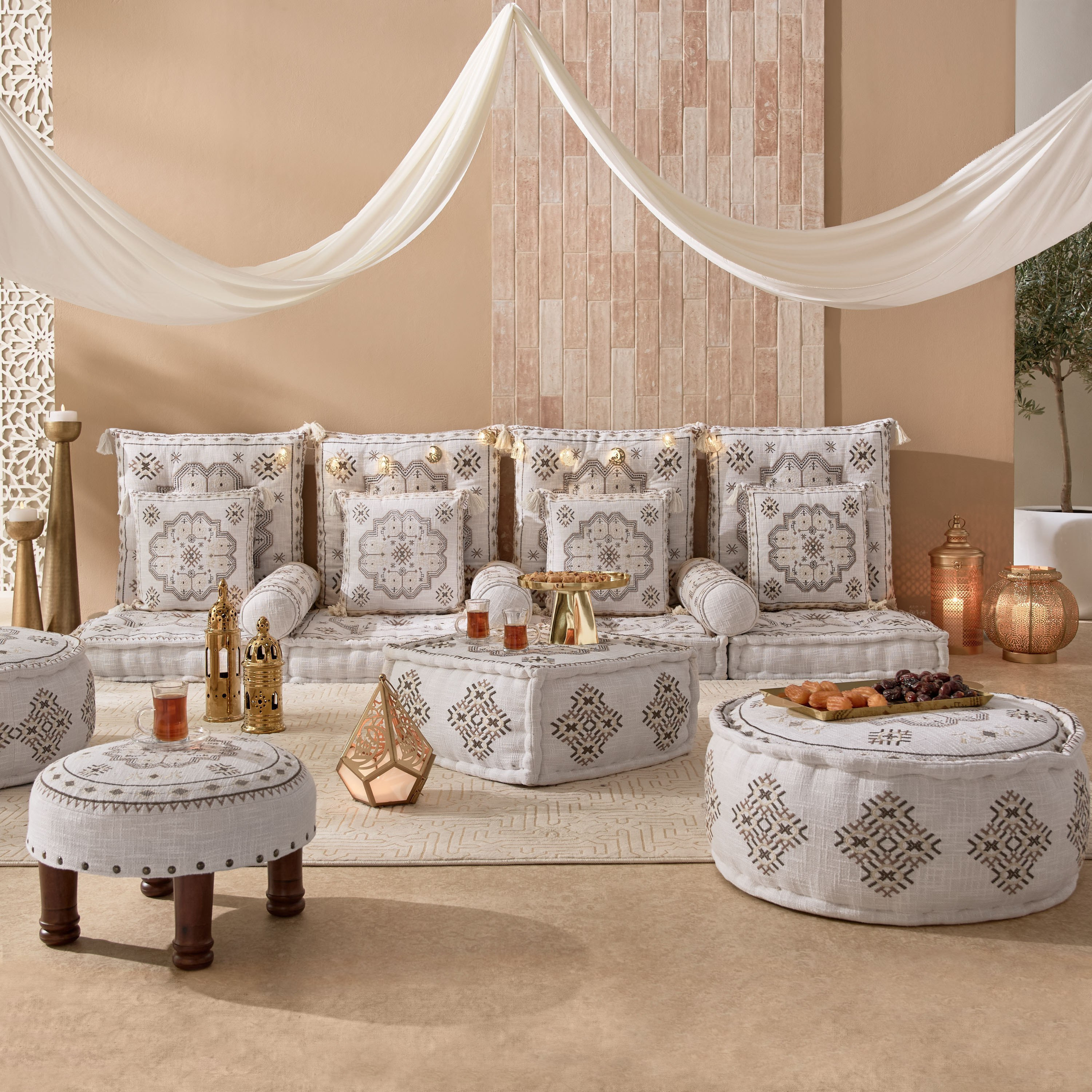 Mahrgan Zahra Embroidered Medallion Pouf - 60x60x25 cm-hbxfurniture-kidsroom-kidsbeanbags-image-5