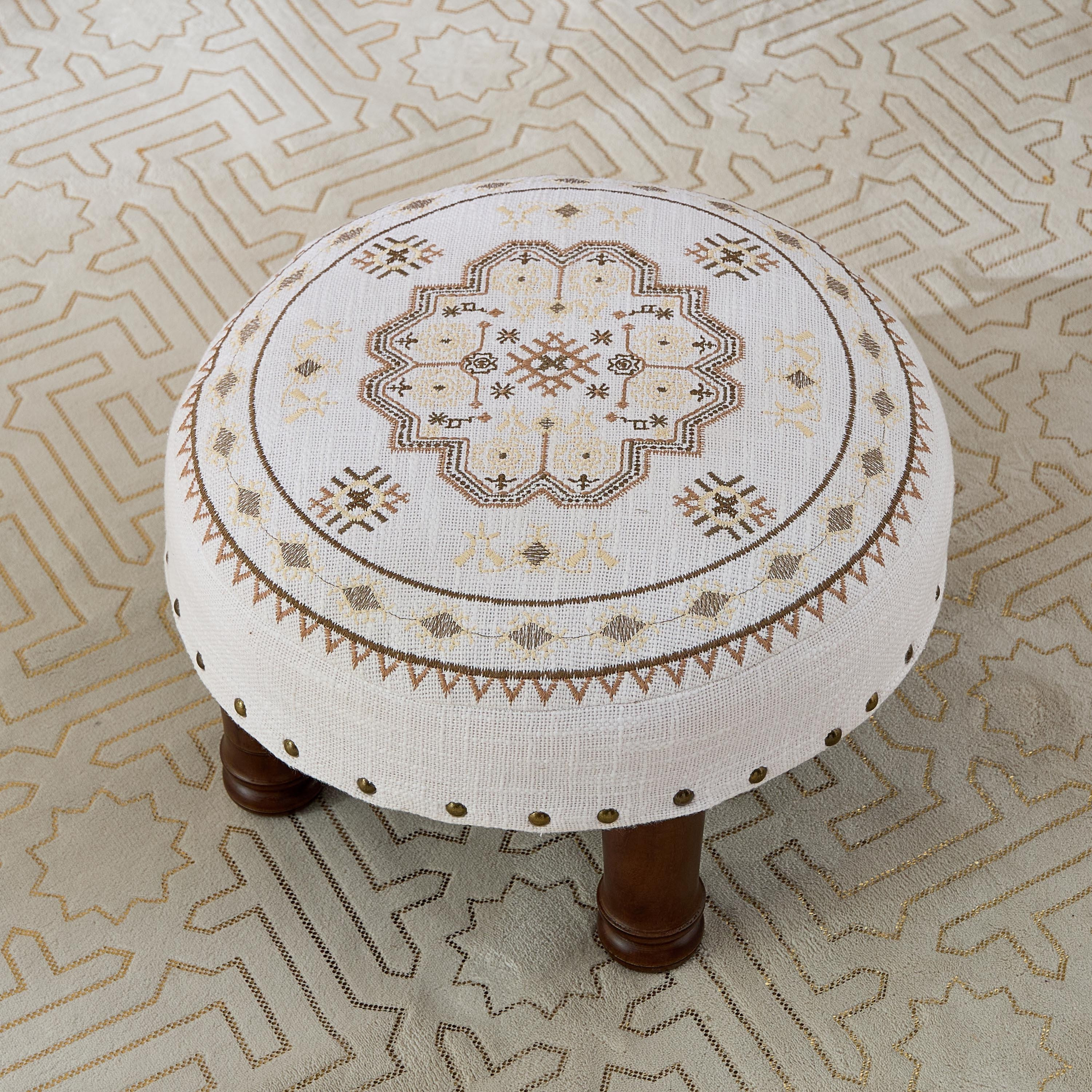 Mahrgan Zahra Embroidered Medallion Round Stool - 40 x15 cm-hbxlivingroom-sofasandarmchairs-ottomansandfootstools-image-2