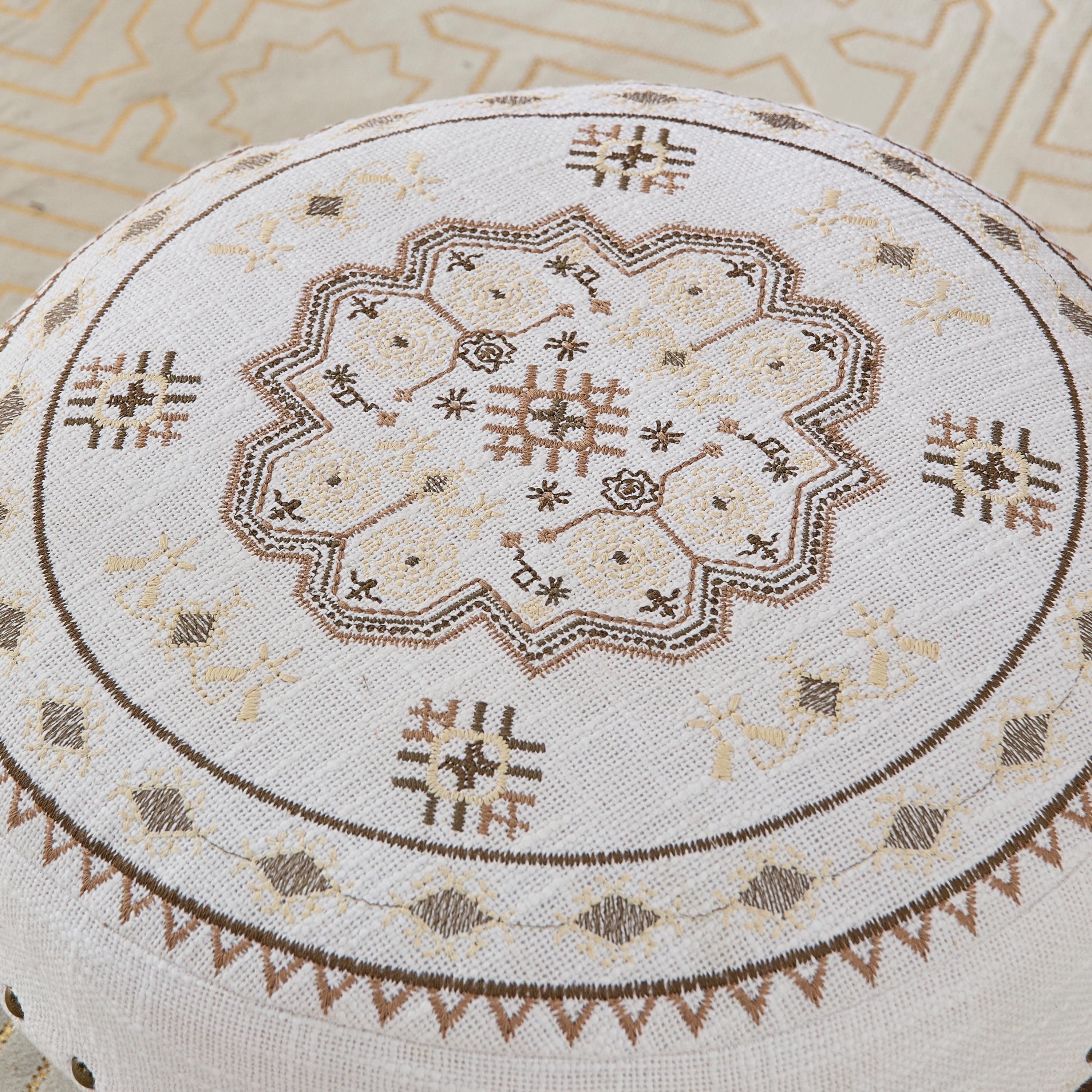 Mahrgan Zahra Embroidered Medallion Round Stool - 40 x15 cm-hbxlivingroom-sofasandarmchairs-ottomansandfootstools-image-3