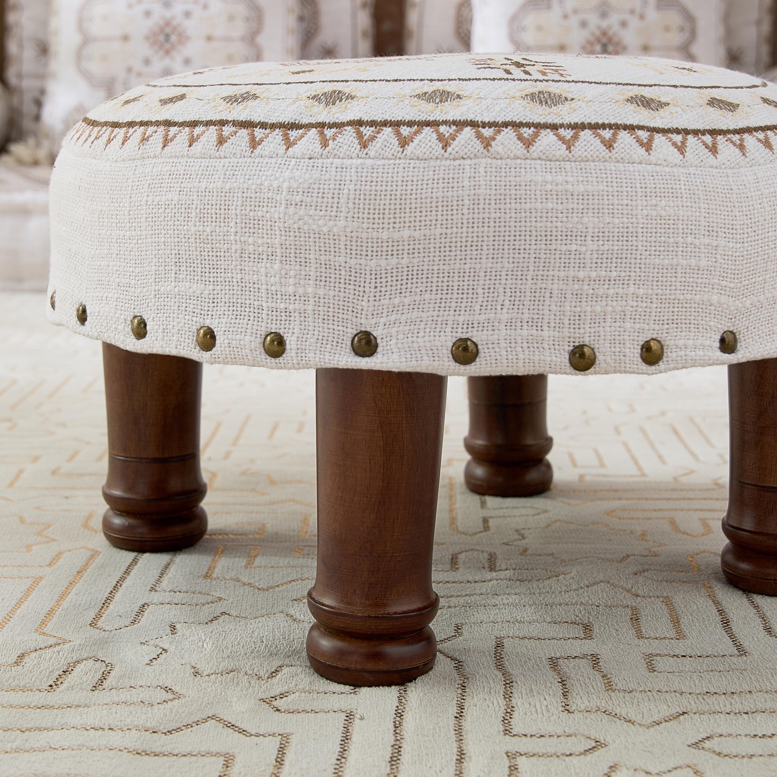 Mahrgan Zahra Embroidered Medallion Round Stool - 40 x15 cm-hbxlivingroom-sofasandarmchairs-ottomansandfootstools-image-4