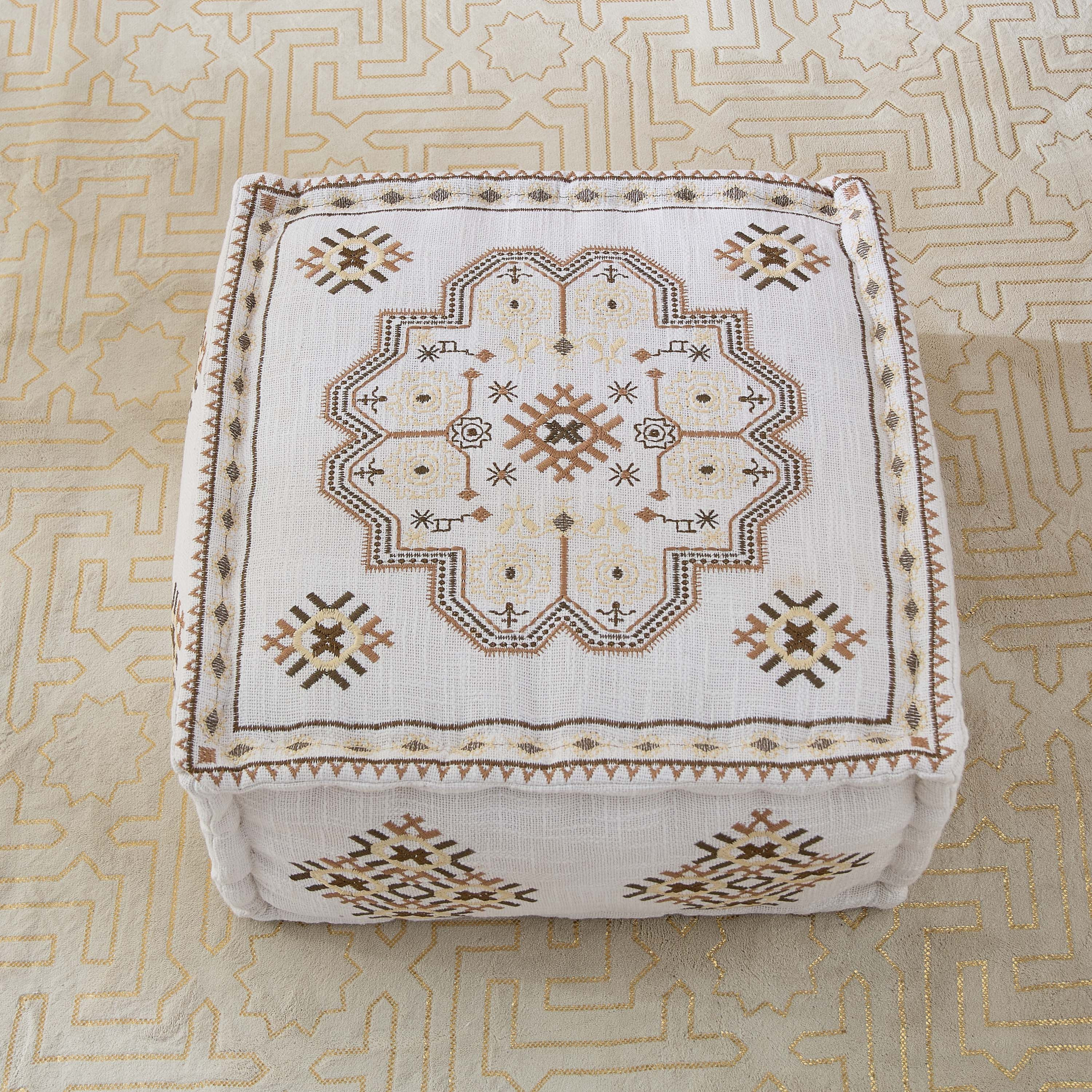 Mahrgan Zahra Embroidered Medallion Square Pouf - 50x50x25cm-hbxfurniture-kidsroom-kidsbeanbags-image-2