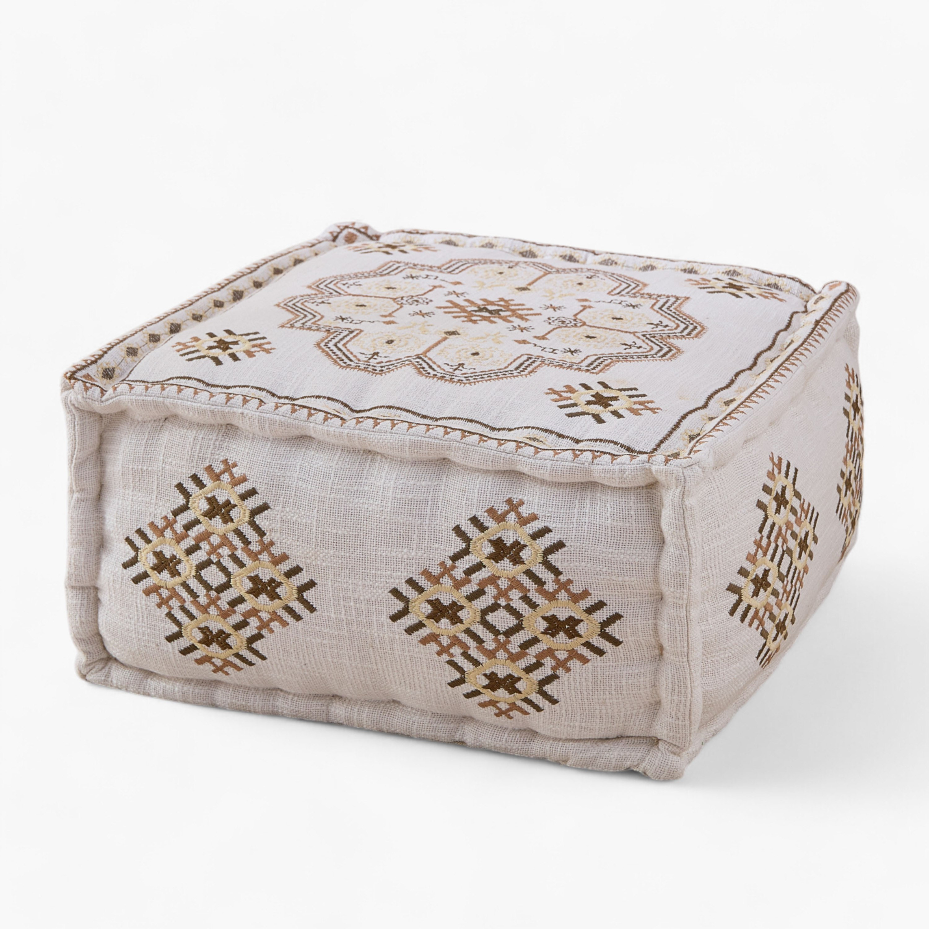 Mahrgan Zahra Embroidered Medallion Square Pouf - 50x50x25cm-hbxfurniture-kidsroom-kidsbeanbags-image-6