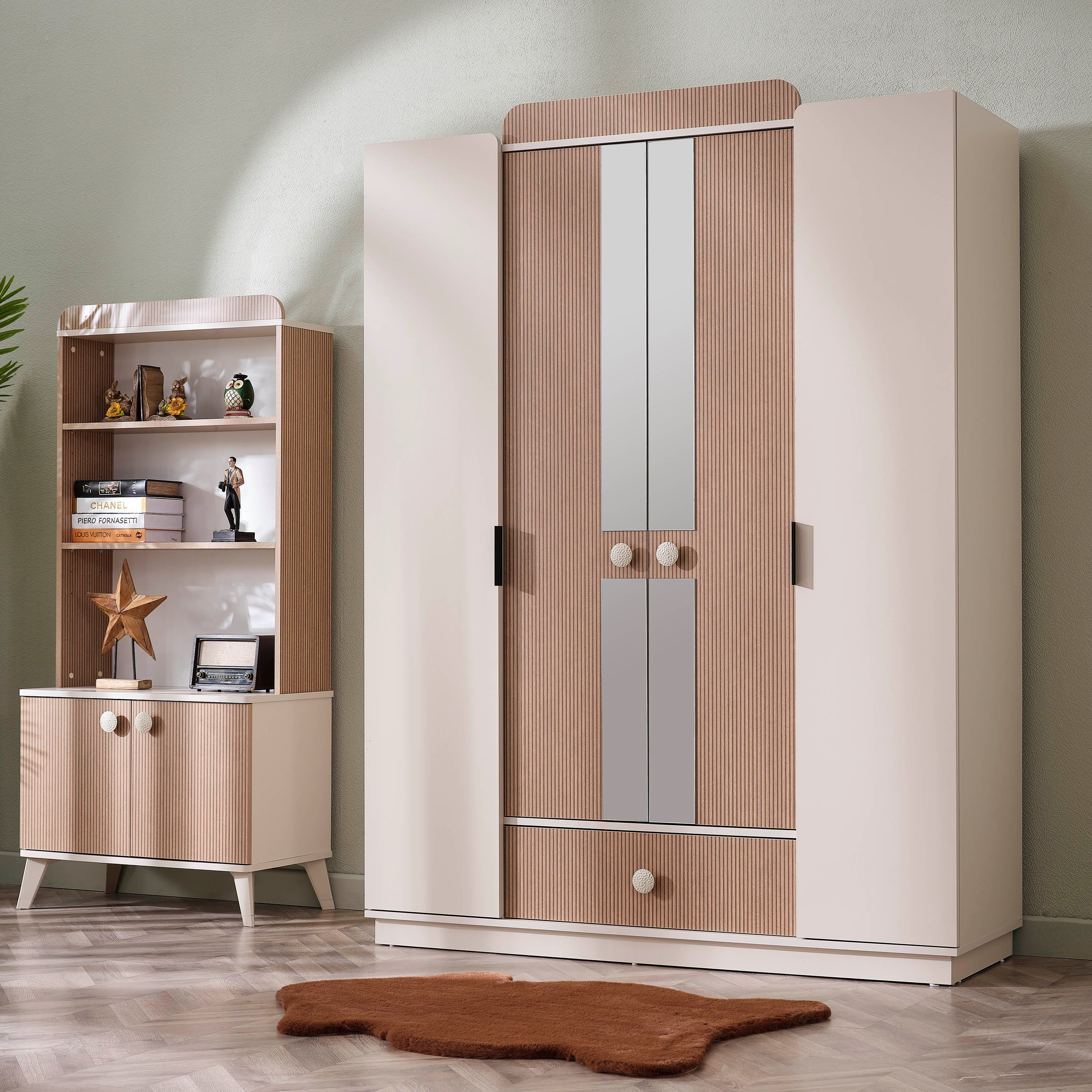 Kingslay 4-Door Wardrobe with 1 Drawer and 2 Mirrors-hbxfurniture-wardrobes-image-1